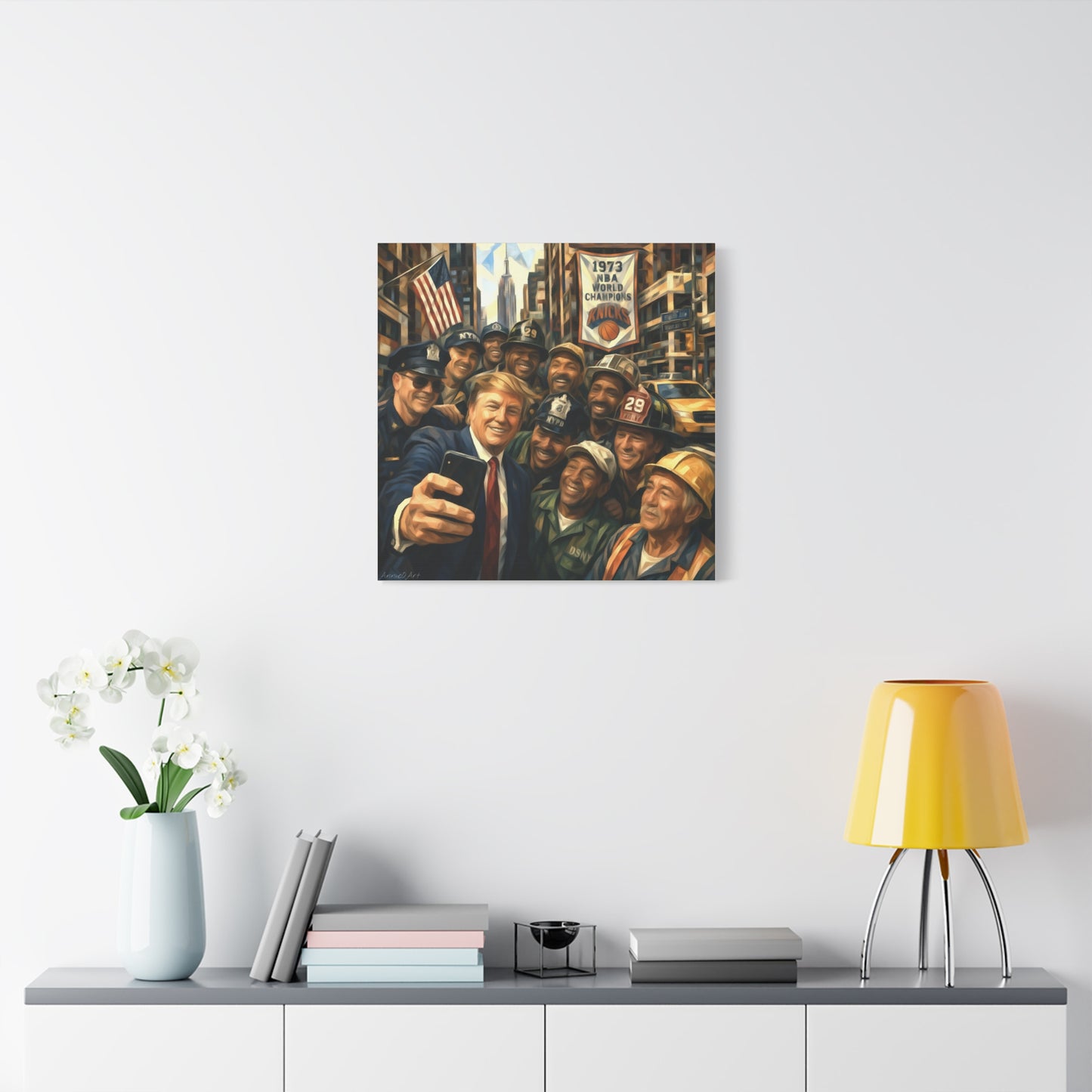 Trump Selfie w/City Workers Canvas Wall Art — Patriotic Urban Selfie Scene