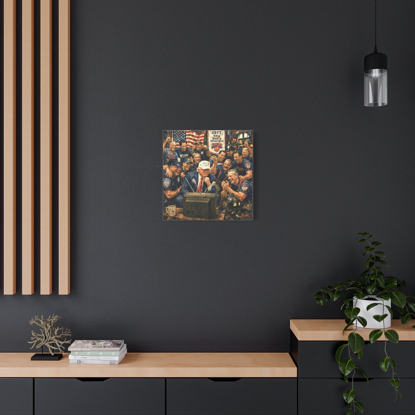 Trump Patriotic NYC Firefighters  Matte Stretched Canvas — Vintage NYPD Tribute Wall Art