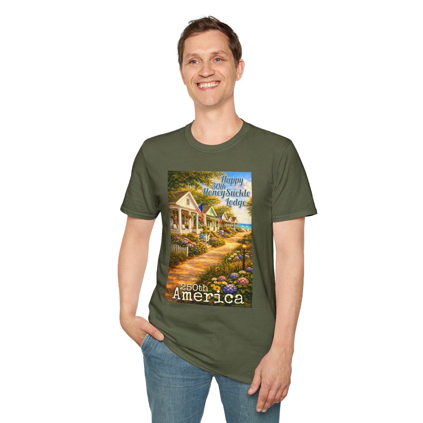 HoneySuckle Lodge 50th—America 250th Bungalow Path T-Shirt —Front & Back Design- Happy 250th Anniversary USA Patriotic Tee