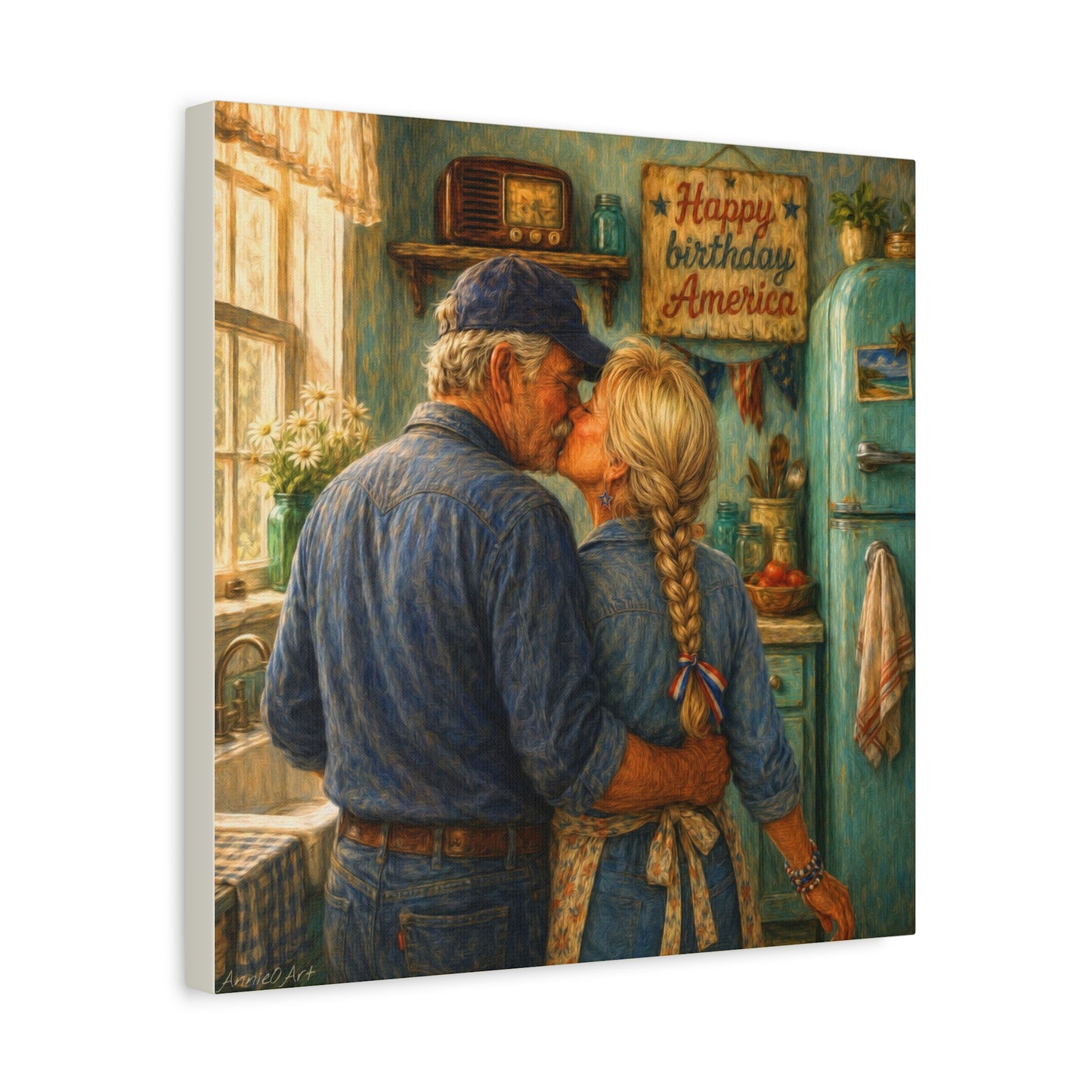 Patriotic Kitchen Romance Canvas Wall Art — "Happy Birthday America" Stretched Matte Print