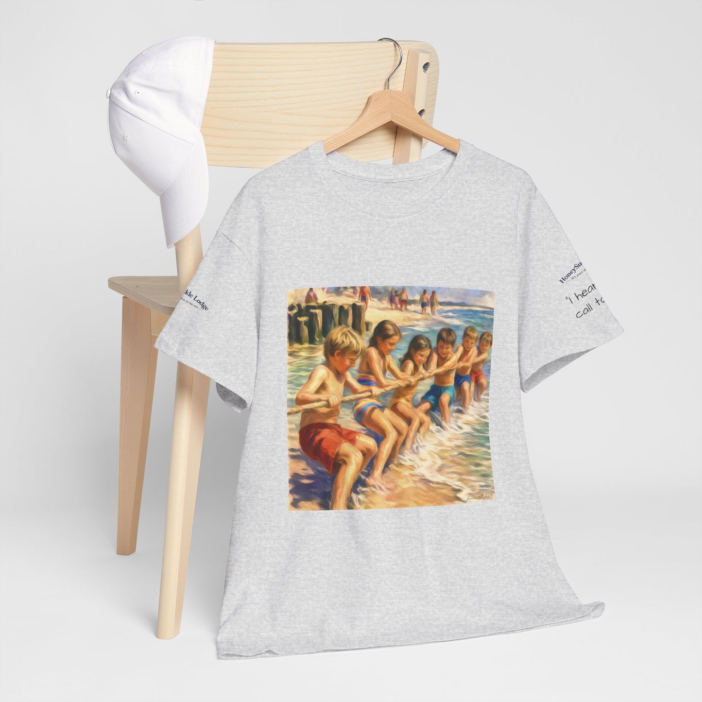 HoneySuckle Lodge Vintage Beach T-Shirt — "50+ years of fun in the sun" Retro Kids on Shore Design
