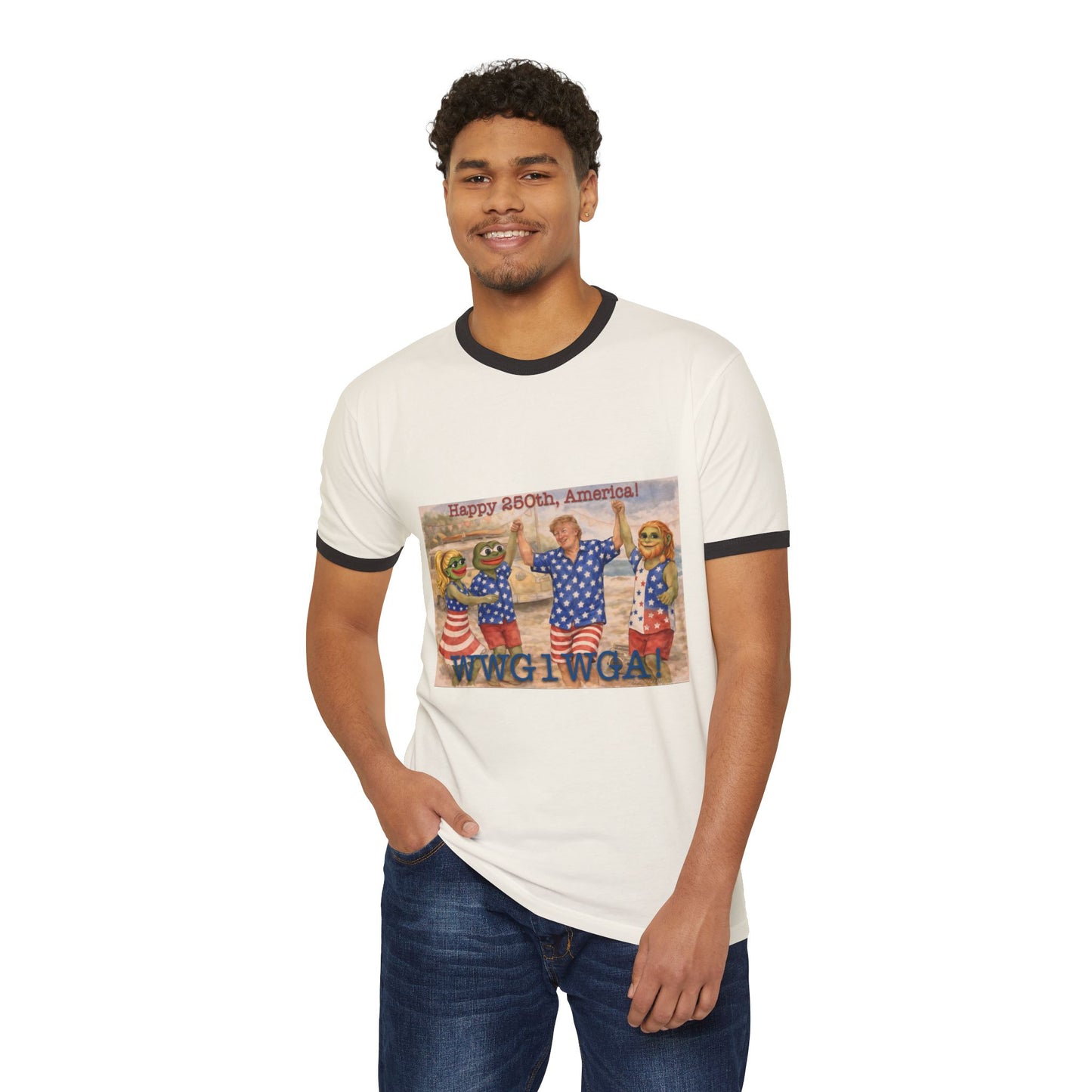 Patriotic Ringer T-Shirt — "Happy 250th, America!" WWG1WGA Graphic