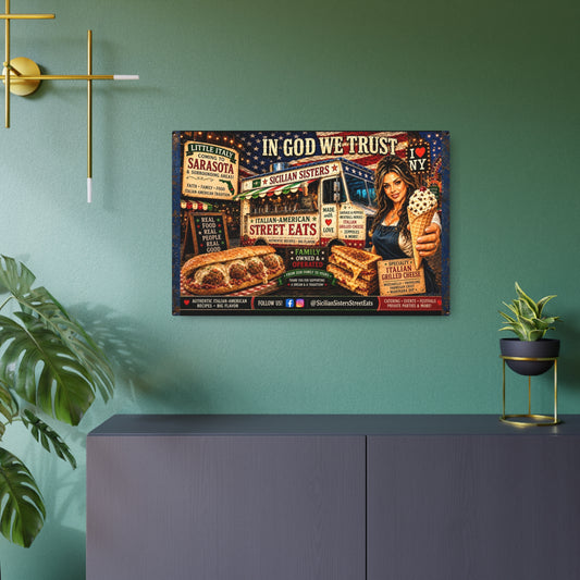 CUSTOM for MANDY—In God We Trust Sicilian Sisters Street Eats Metal Art Sign — Vintage Italian Street Food Decor