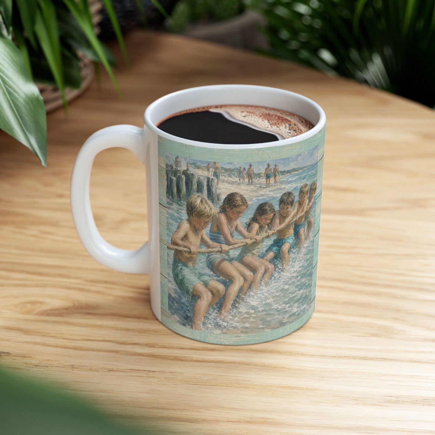 Beach Vintage-style Ceramic Mug – Tug-of-War by the Sea (11oz, 15oz)