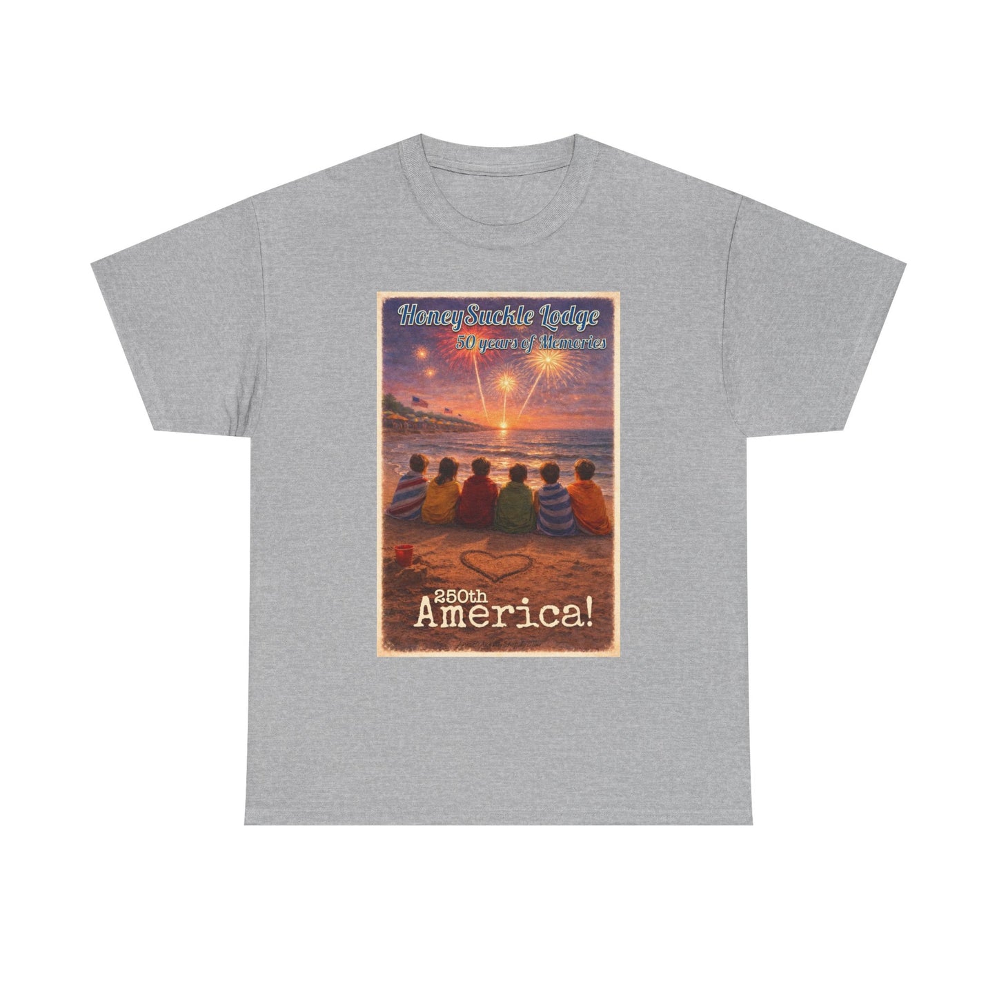 HoneySuckle Lodge 50th—Patriotic Sunset Beach T‑Shirt – 'God Bless America' Vintage Kids Watching Fireworks