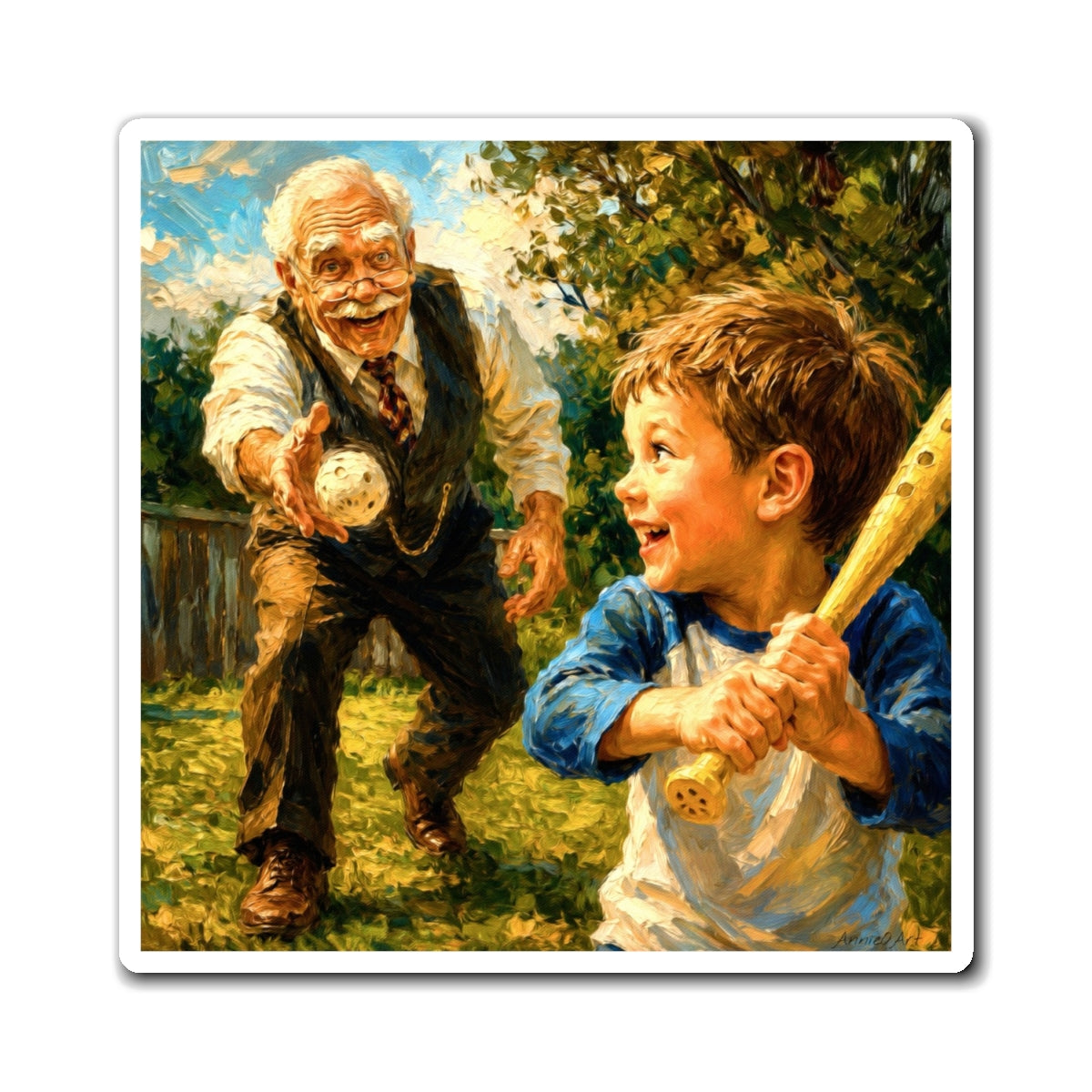 Vintage Grandfather & Grandson Baseball Magnet — Nostalgic Family Keepsake