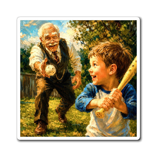 Vintage Grandfather & Grandson Baseball Magnet — Nostalgic Family Keepsake
