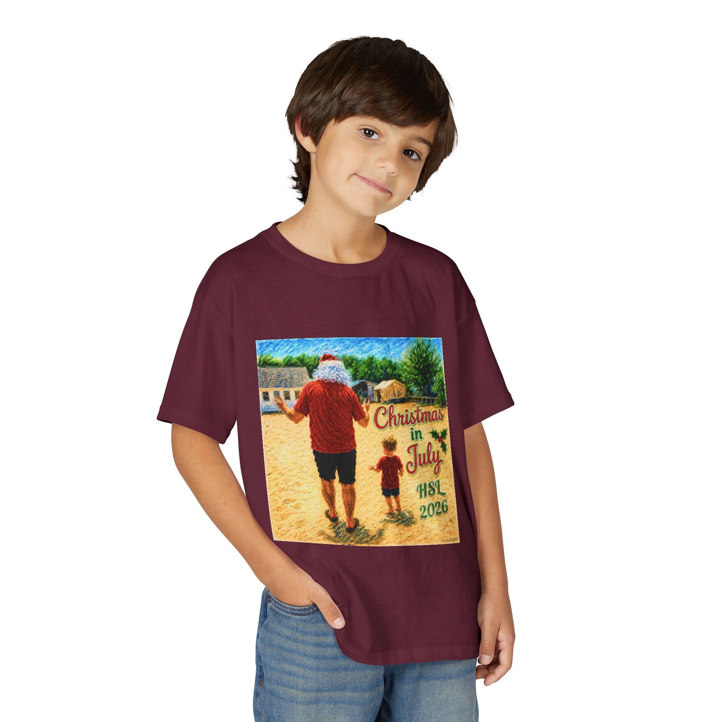 Youth T-Shirt — "Christmas in July" Beach Santa Kids Tee (HSL 2026)