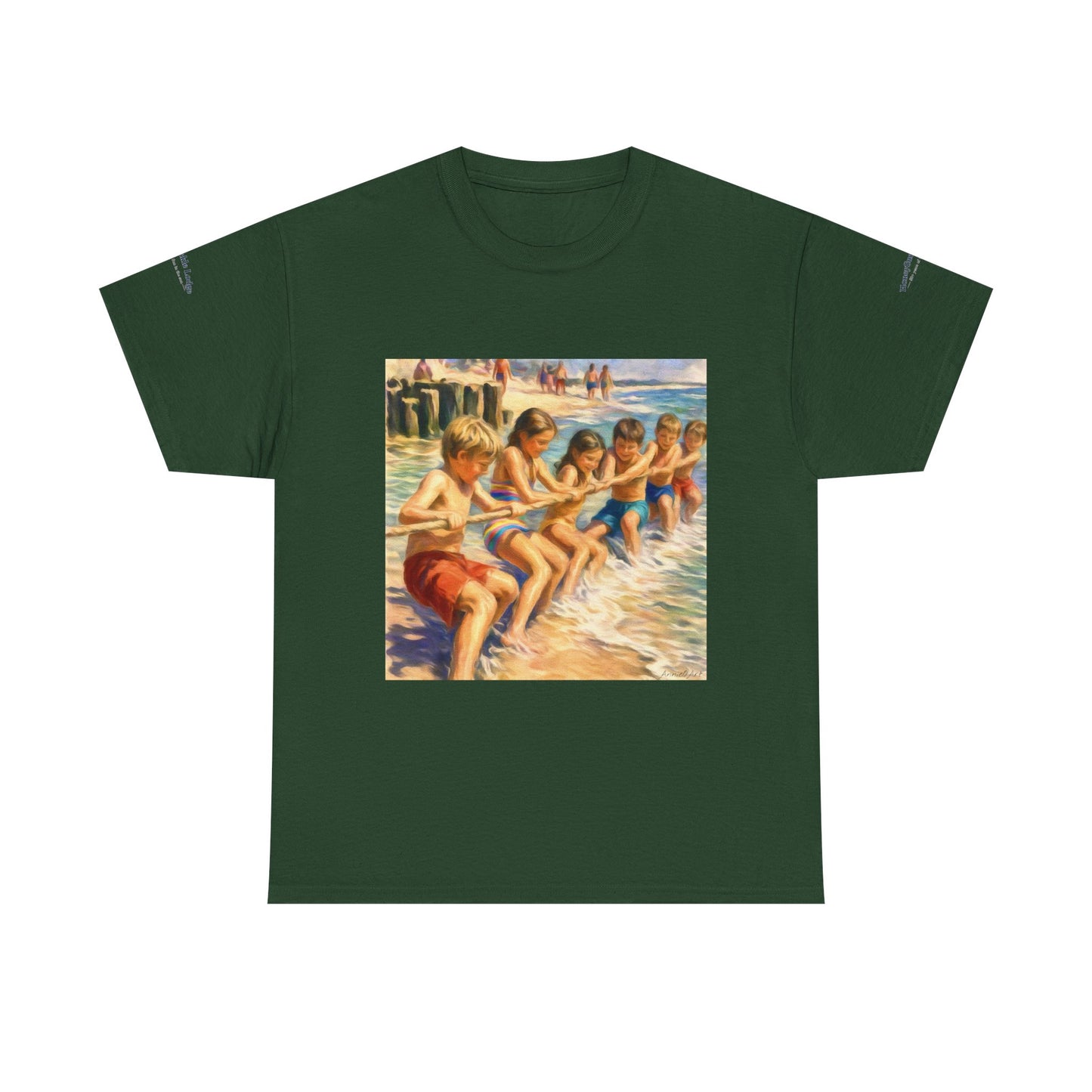 Honeysuckle Lodge Vintage Beach Print tee shirt front/back ("Honeysuckle Lodge - 50+ years of fun in the sun")