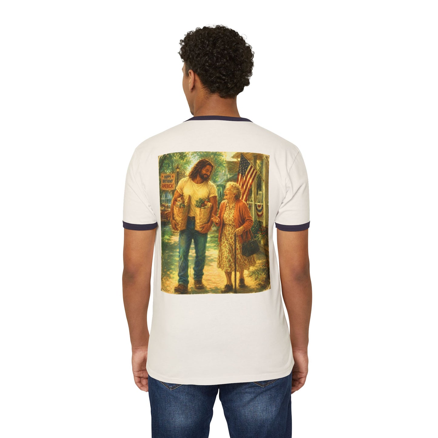 250th Happy Birthday America —Front & Back Design —Americana Ringer Tee— Patriotic Vintage Americana T‑Shirt