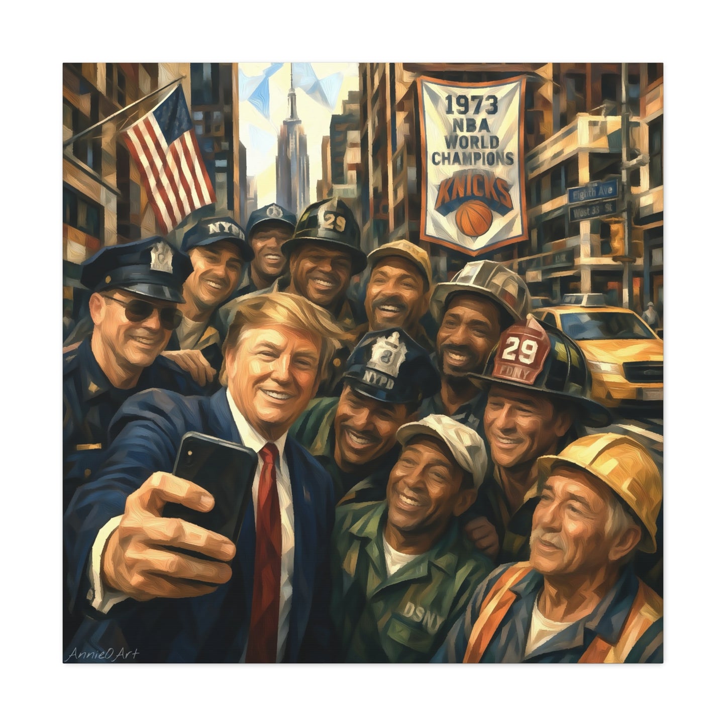 Trump Selfie w/City Workers Canvas Wall Art — Patriotic Urban Selfie Scene