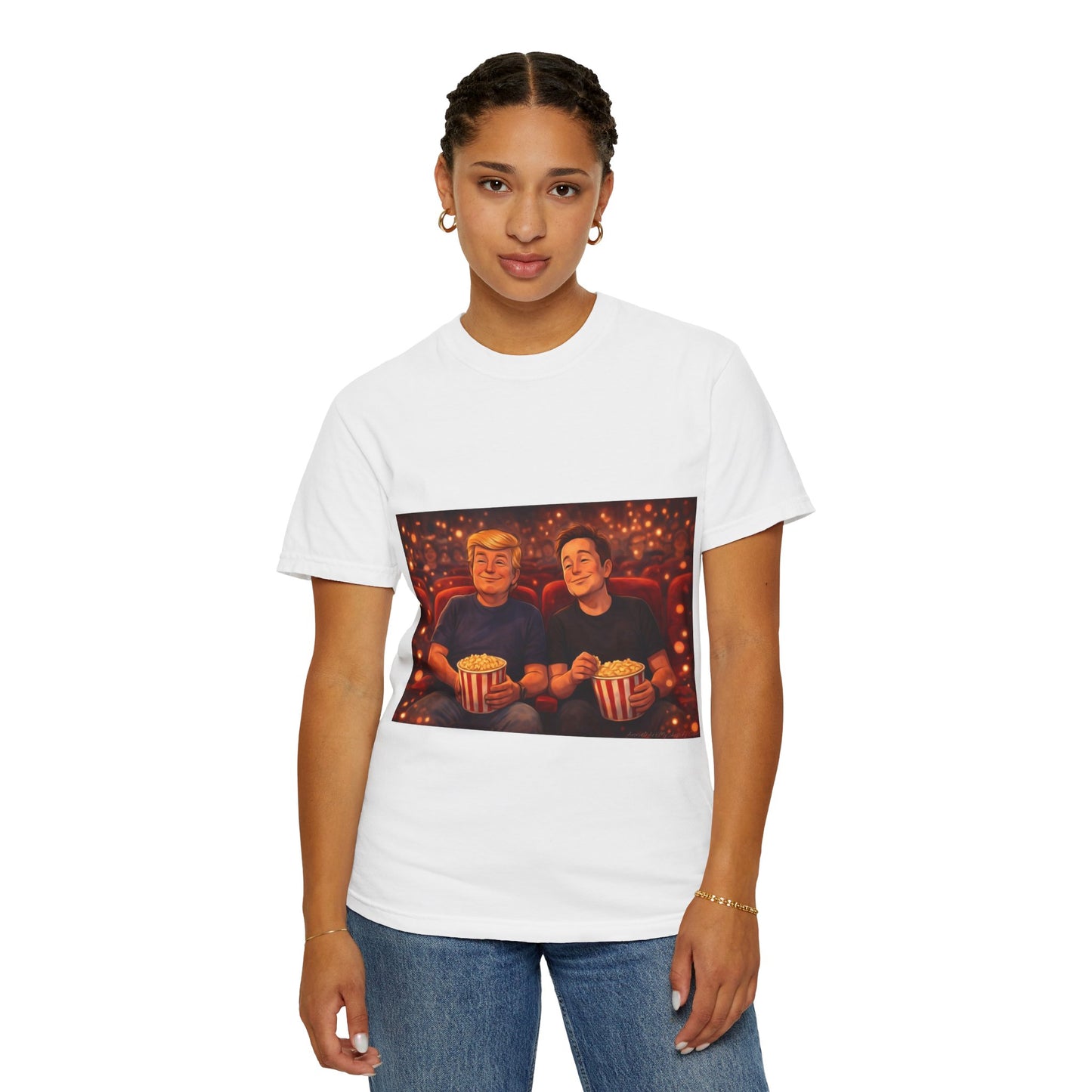 Trump & Elon—Movie Night Popcorn Tee — Cozy Cinematic Graphic T-Shirt