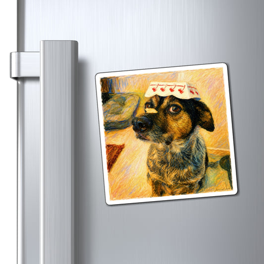 Dog Photo Magnet — Cute Dog with In-N-Out Fry, Hat & Drool, Whimsical Pet Refrigerator Magnet