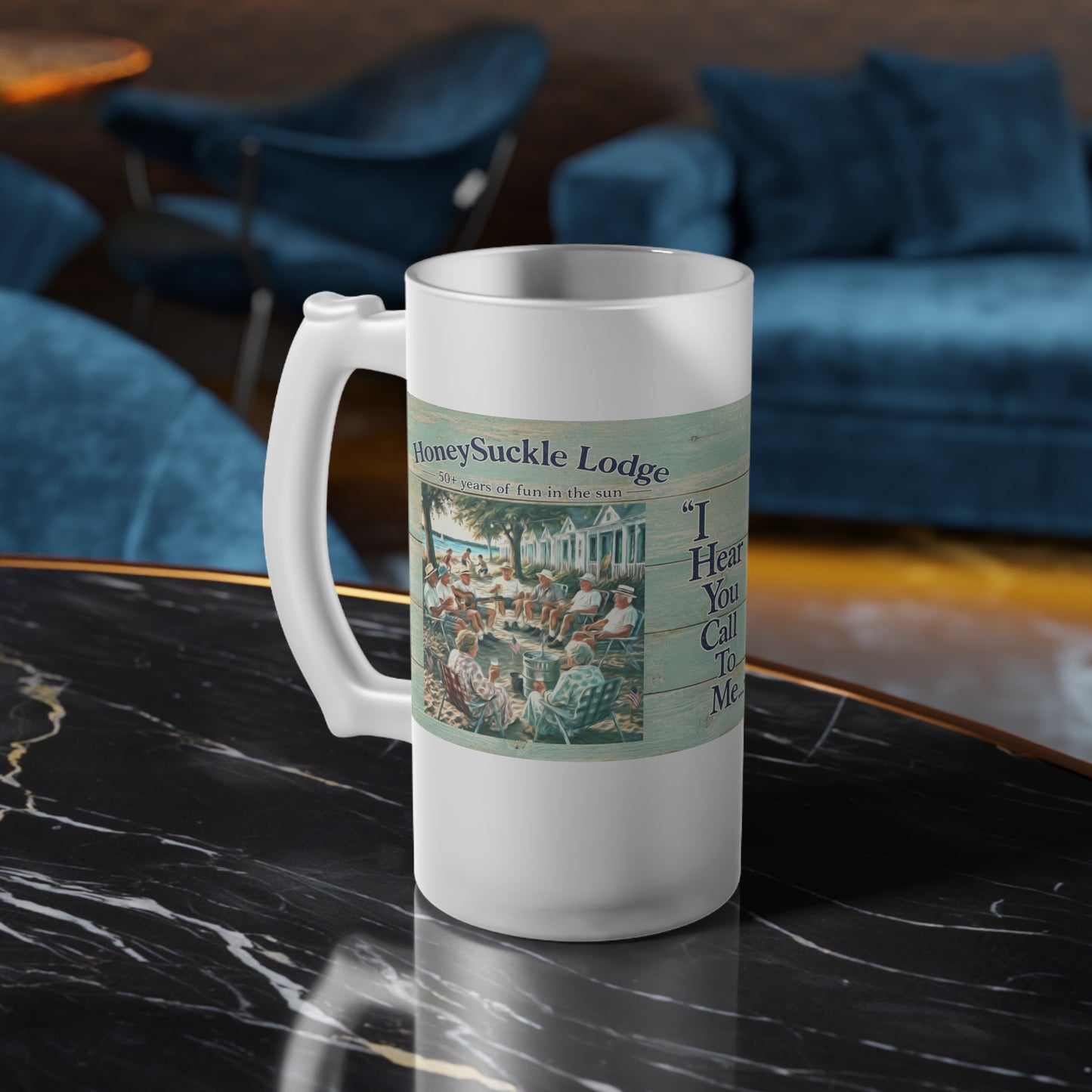 HSL Frosted Glass Beer Mug — "I Hear You Call To Me" Vintage Coastal Pub Stein