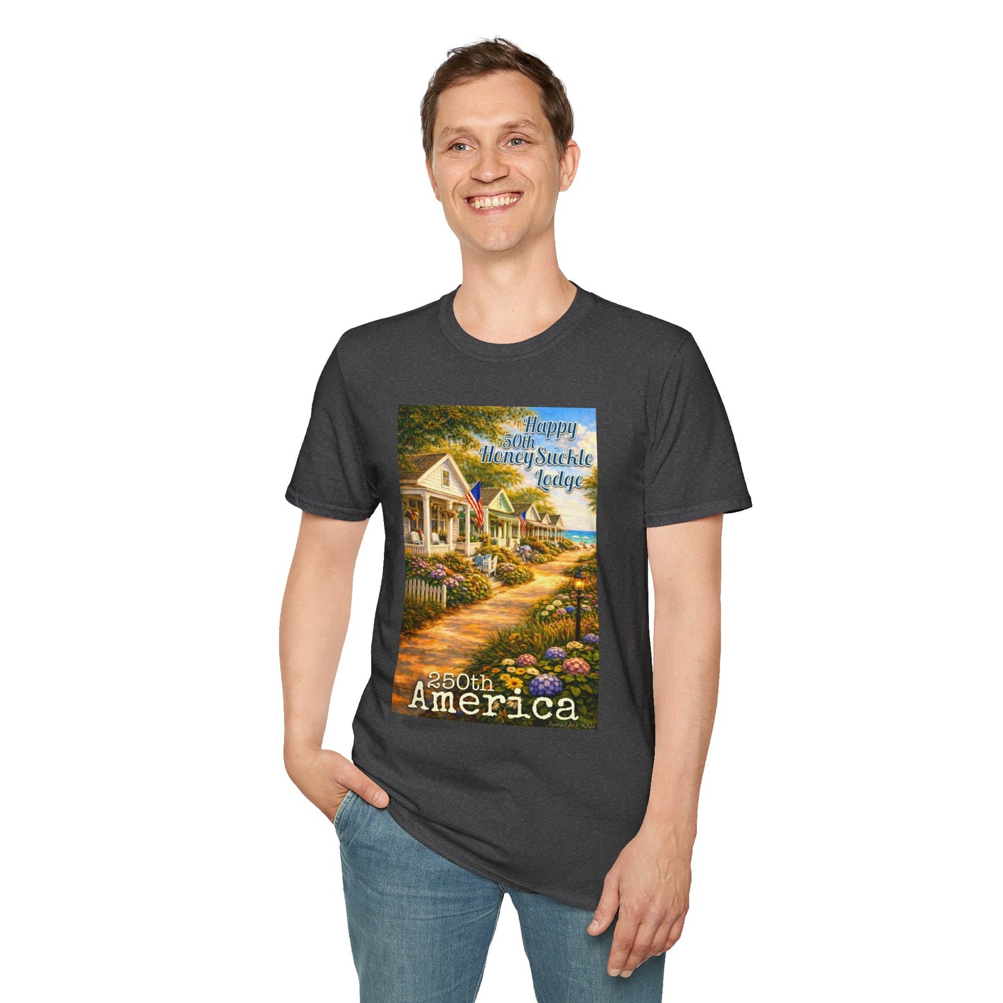HoneySuckle Lodge 50th—America 250th Bungalow Path T-Shirt —Front & Back Design- Happy 250th Anniversary USA Patriotic Tee