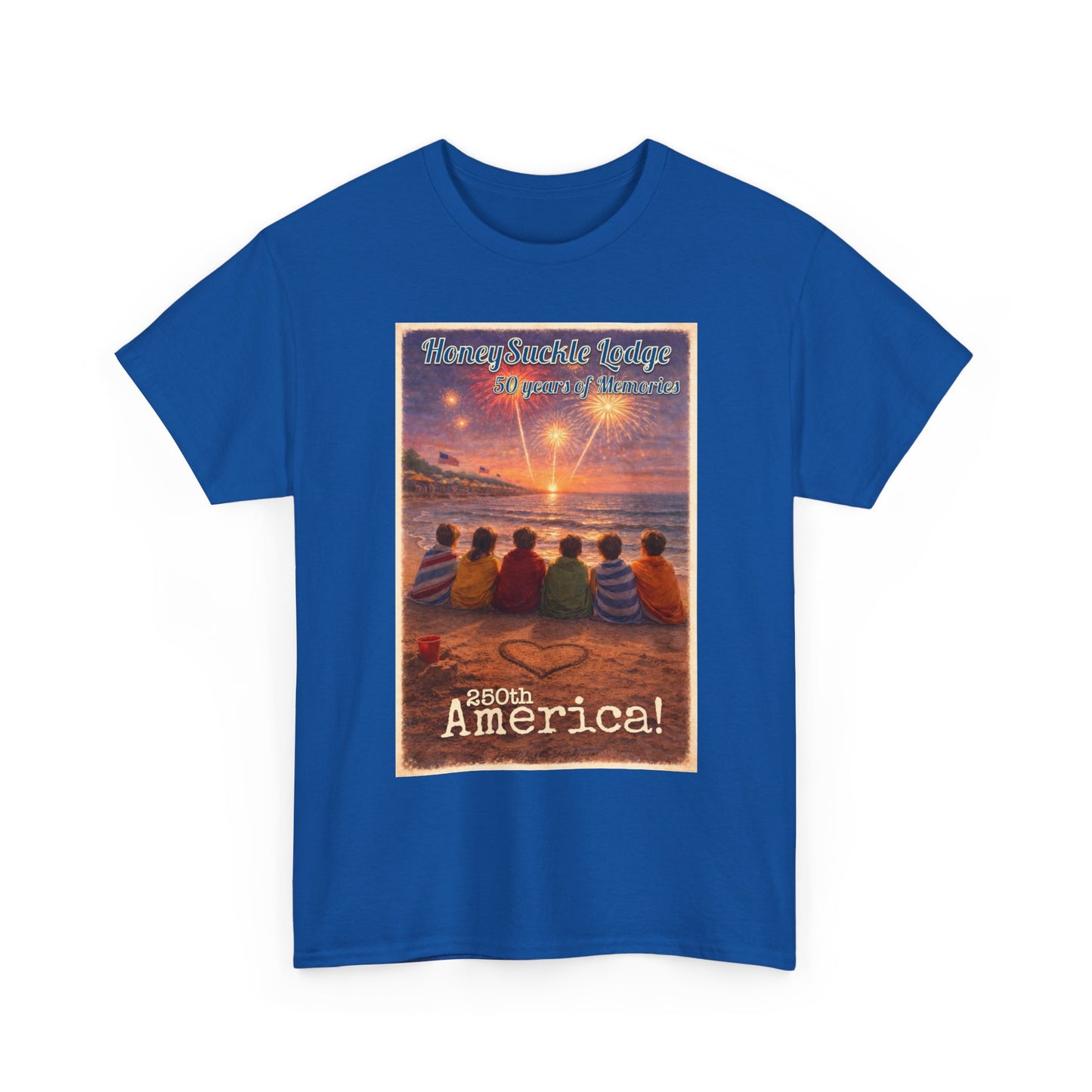 HoneySuckle Lodge 50th—Patriotic Sunset Beach T‑Shirt – 'God Bless America' Vintage Kids Watching Fireworks