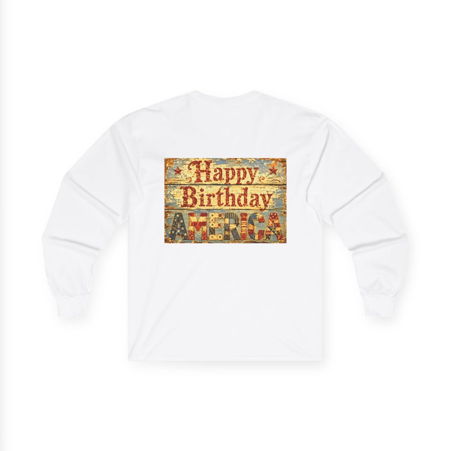 Long Sleeve Tee Front & Back Design — Vintage Americana Beach Scene & “Happy Birthday America”