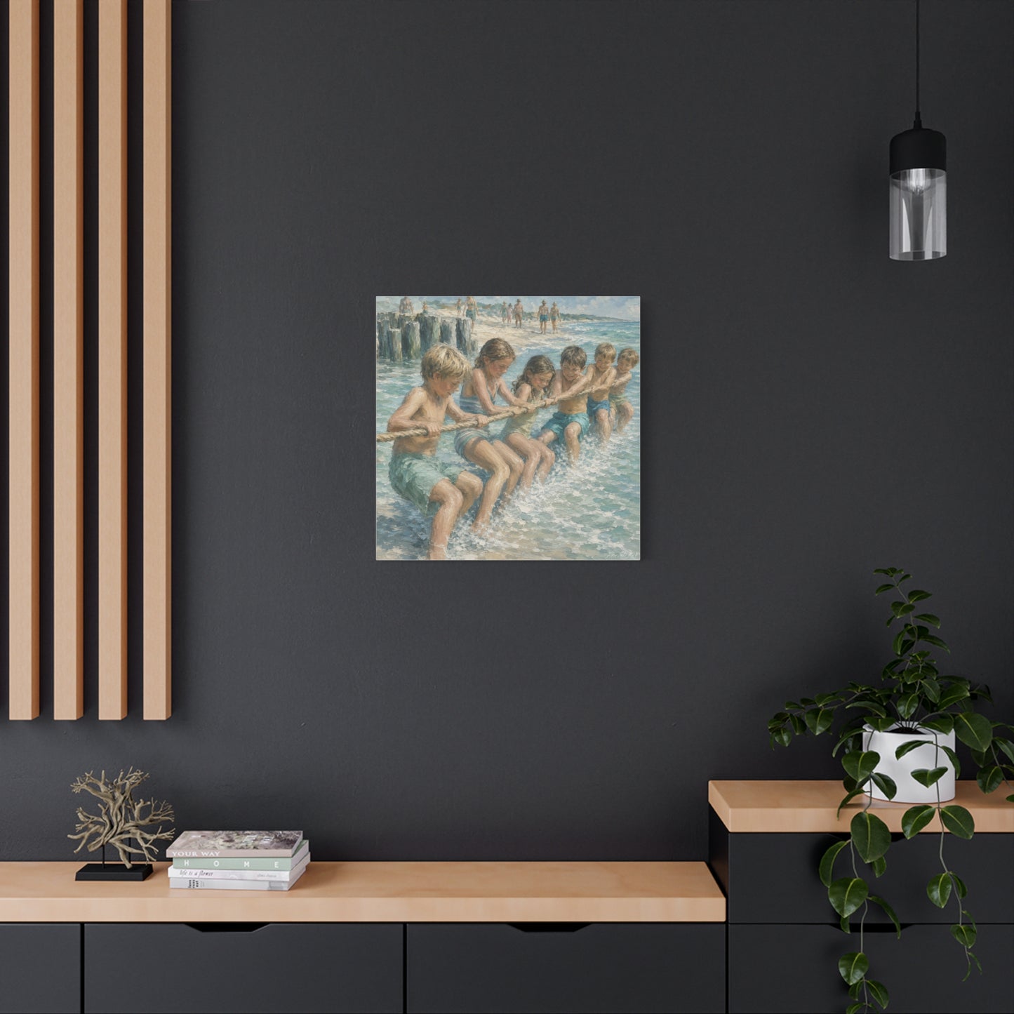 Beach Tug-of-War Matte Canvas Print — Vintage Seaside Children Wall Art