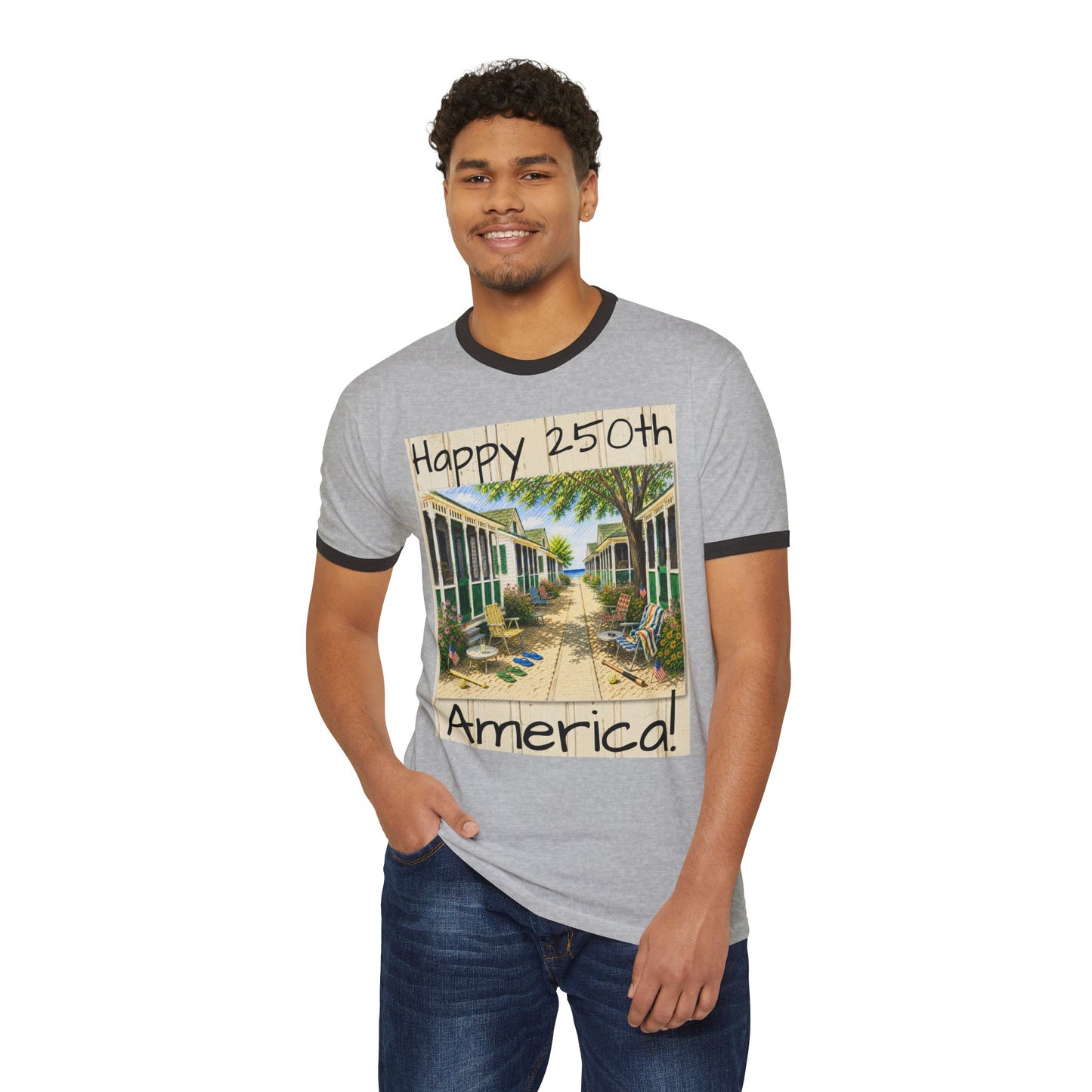 Happy 250th America Ringer T‑Shirt — Honeysuckle Lodge Vintage Beach Graphic