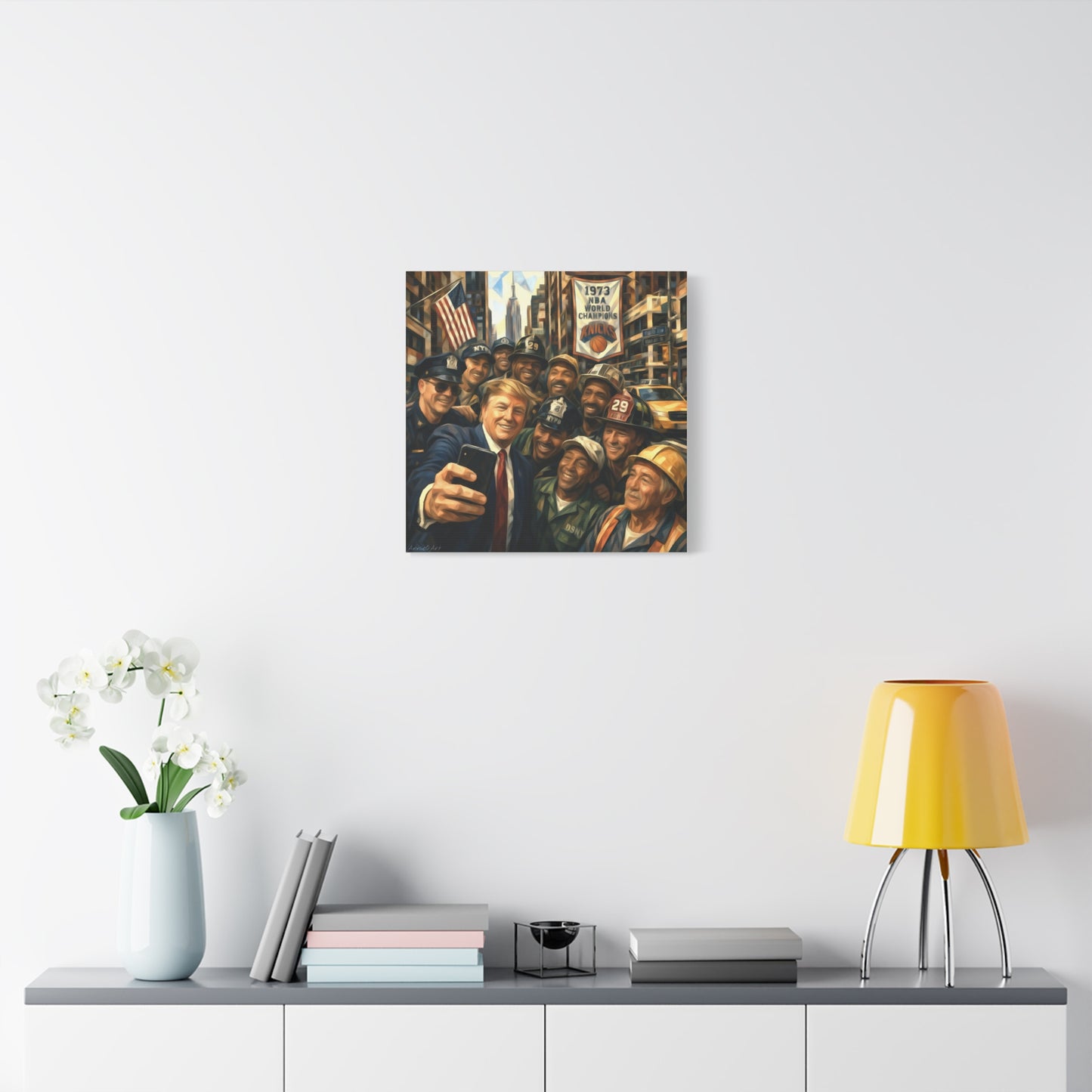 Trump Selfie w/City Workers Canvas Wall Art — Patriotic Urban Selfie Scene