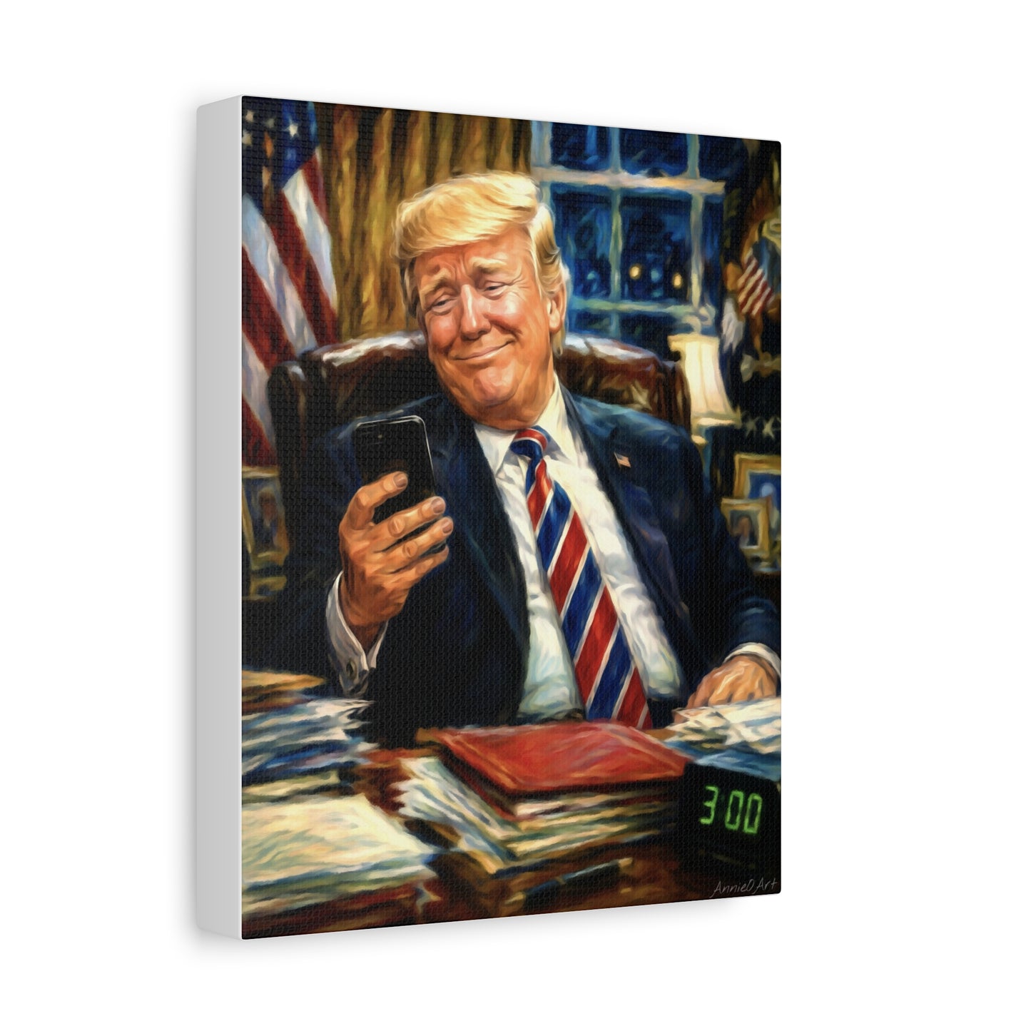 Trump Reading “Keyboard Warrior’ Memes at 3 AM— Patriotic Office Portrait Canvas—