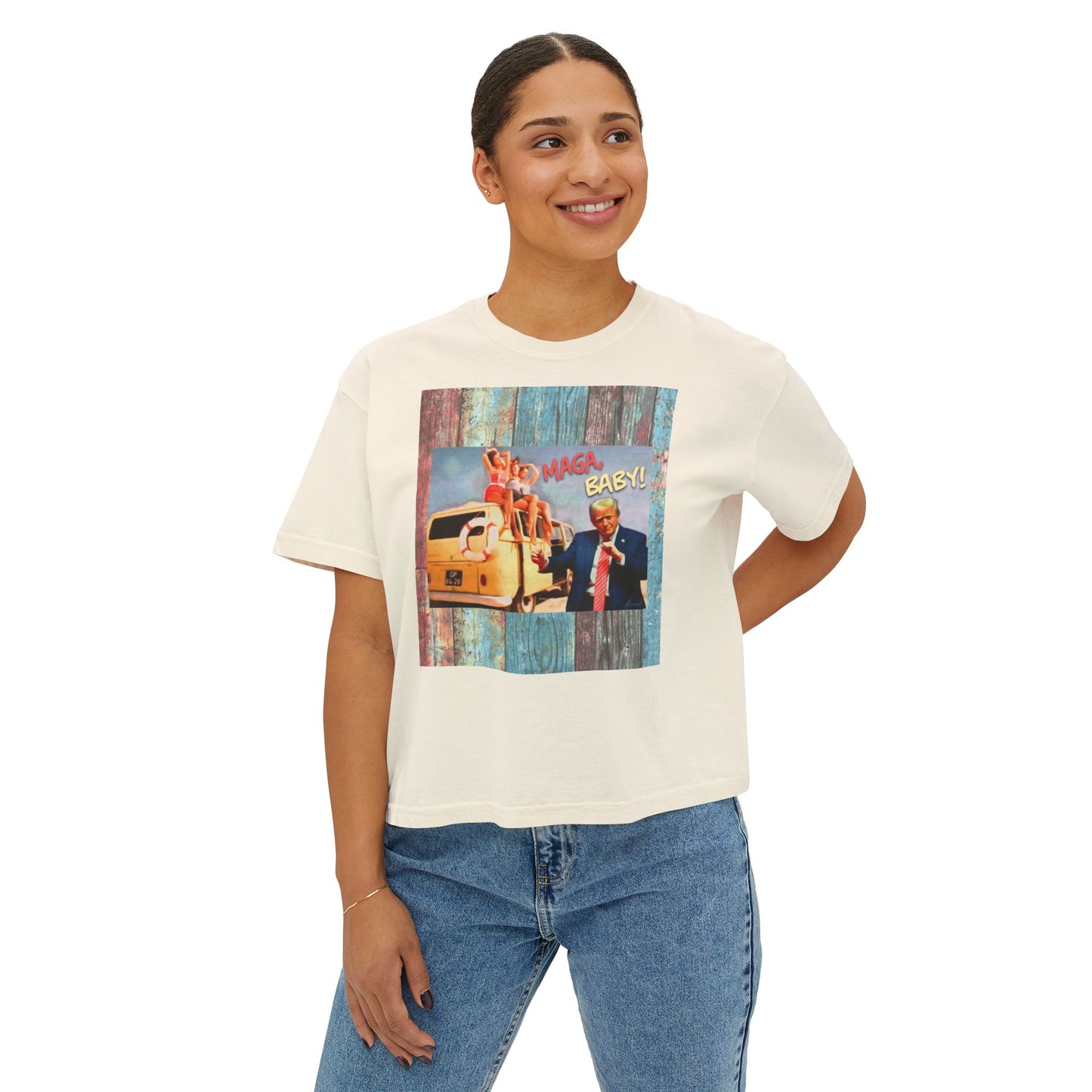 Beach scene w DJT dancing Retro VW van “MAGA, baby!” —Graphic Boxy Tee — Vintage Roadtrip/Rally tee Women's Shirt