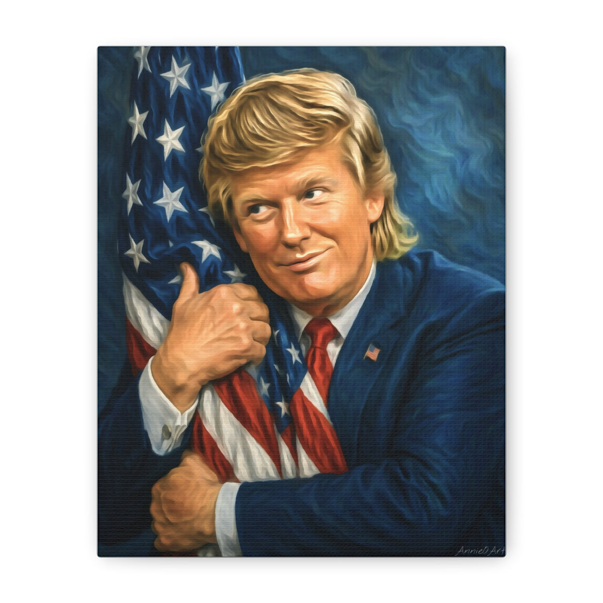 Trump Hugging American Flag— Portrait Canvas