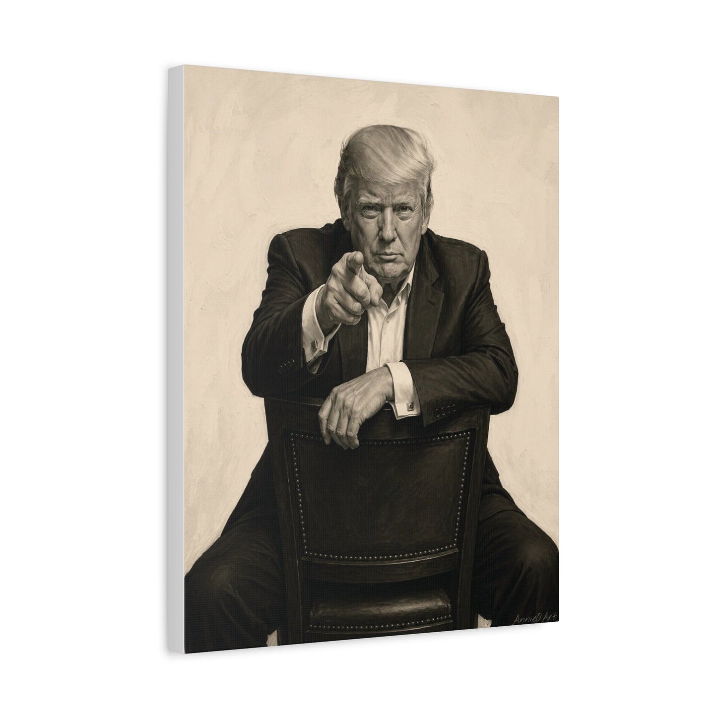 Trump Pointing Portrait Matte Canvas Print — Vintage-Style Seated Figure Wall Art