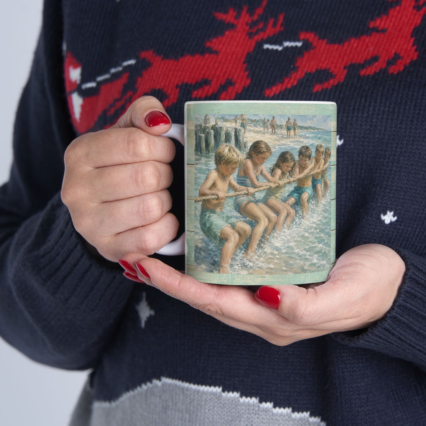 Beach Vintage-style Ceramic Mug – Tug-of-War by the Sea (11oz, 15oz)