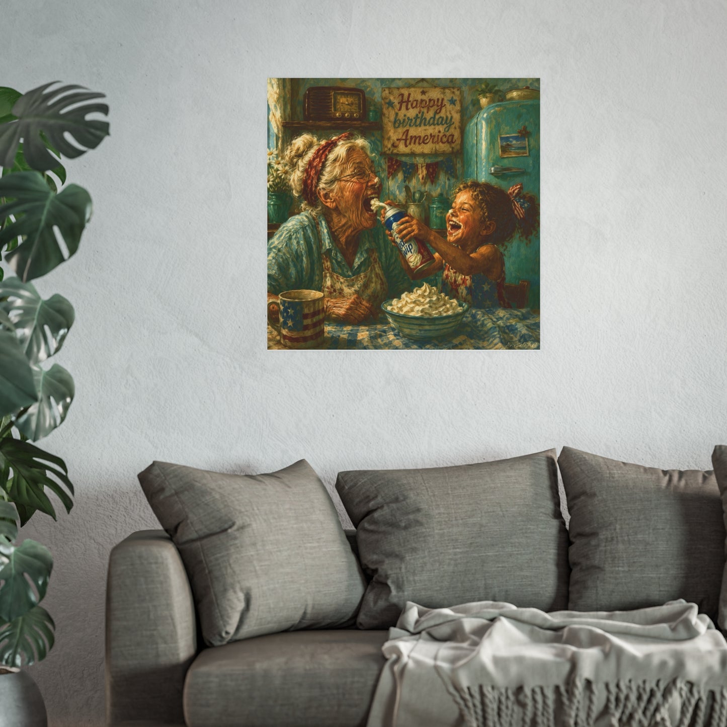 Happy Birthday America Poster — Vintage Grandma & Child Kitchen Art (Satin/Matte)