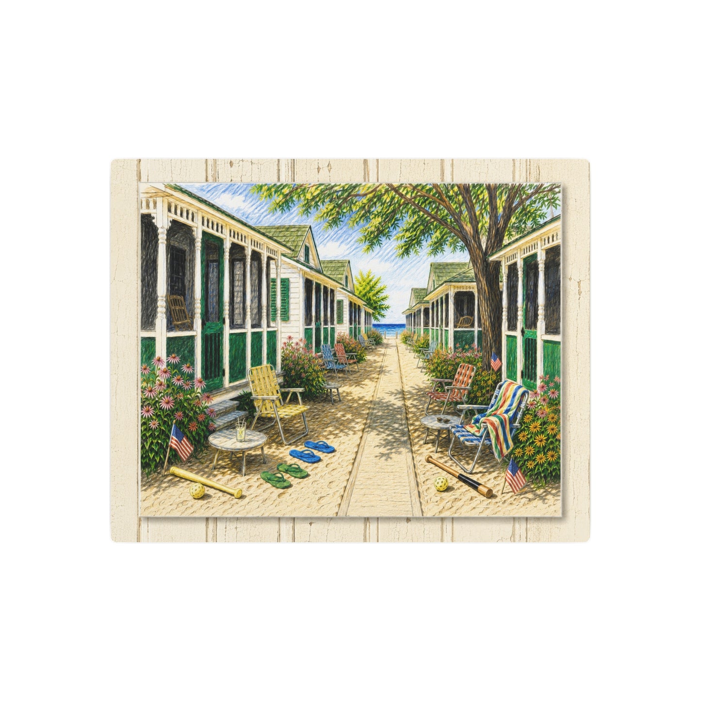 Metal Art Sign —Beach Bungalows ‘Pathway to the Beach’ — 1970’s Beachfront Porch Scene Wall Decor