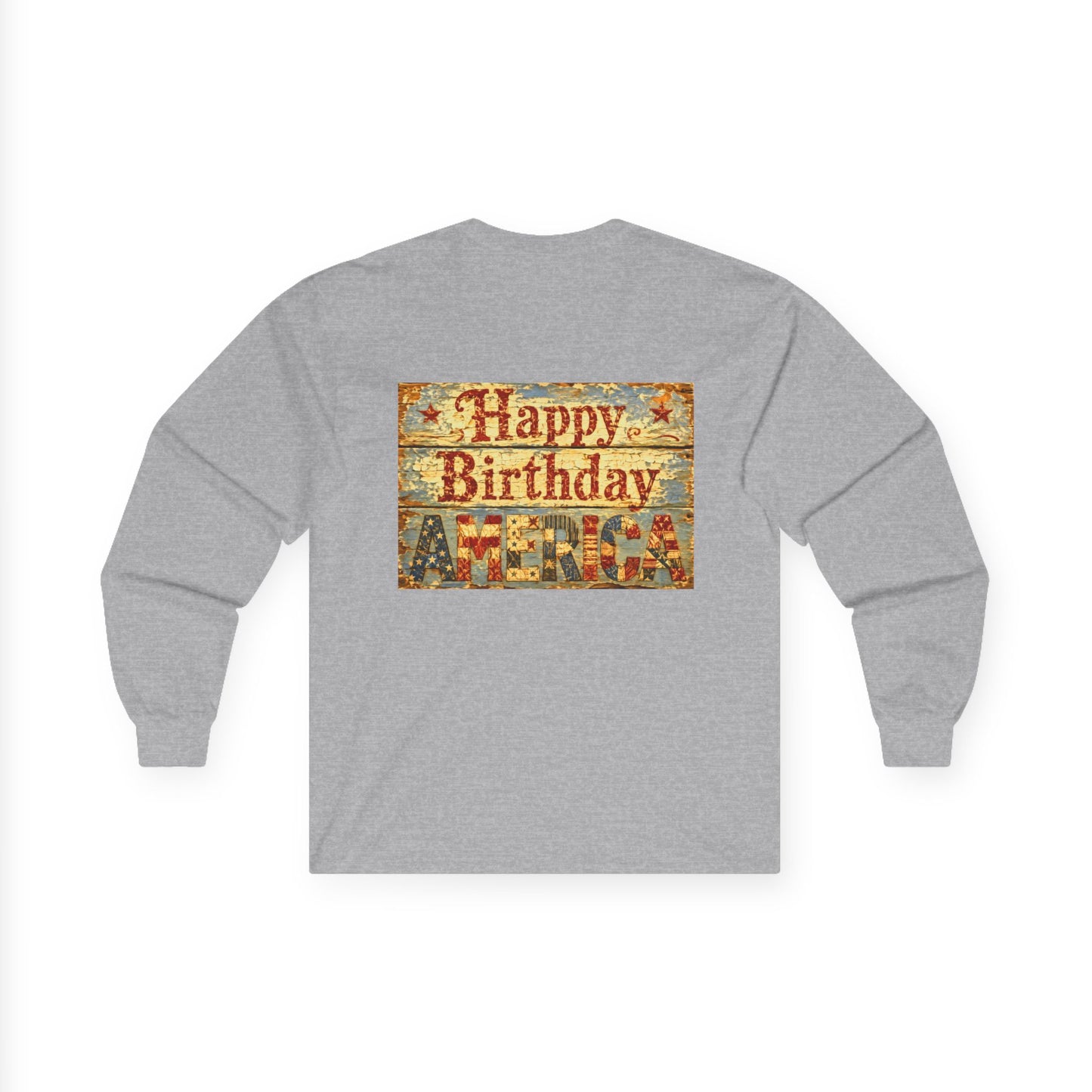 Long Sleeve Tee Front & Back Design — Vintage Americana Beach Scene & “Happy Birthday America”