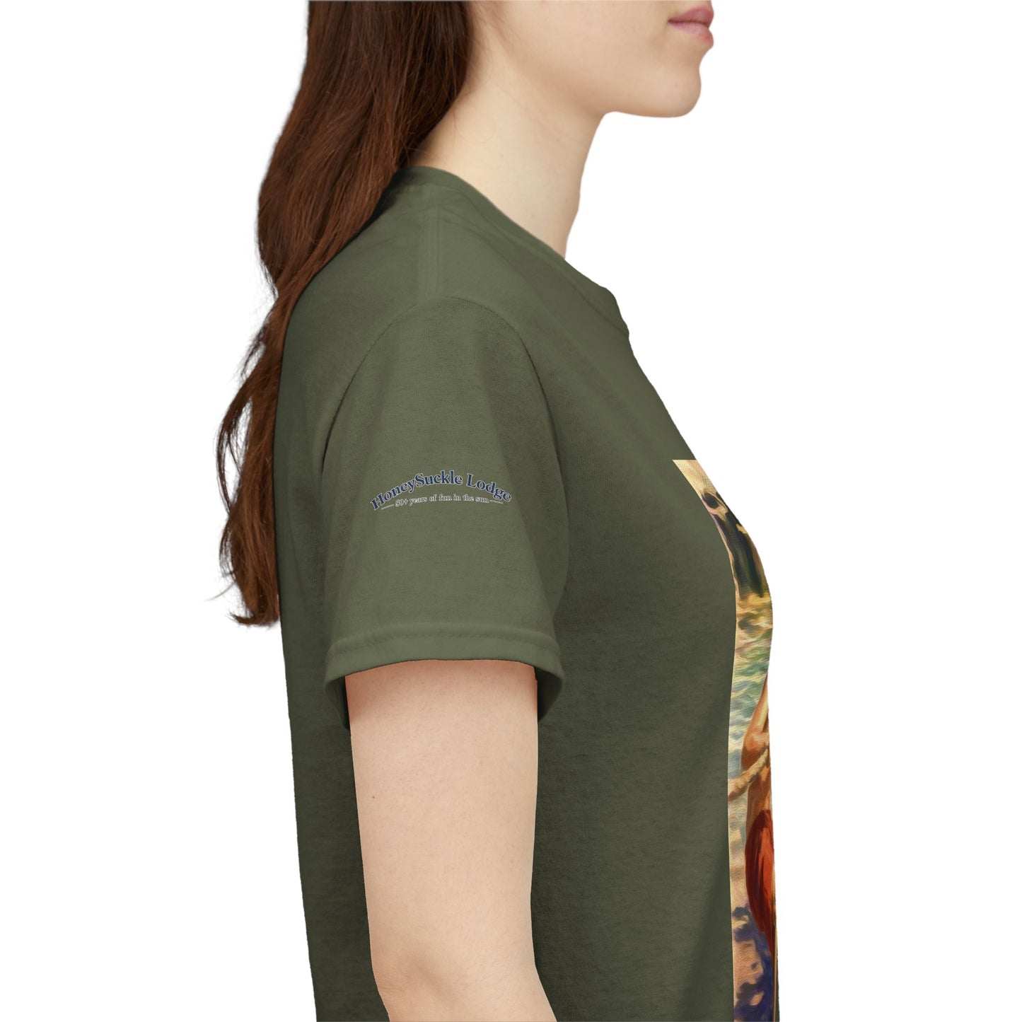 Honeysuckle Lodge Vintage Beach Print tee shirt front/back ("Honeysuckle Lodge - 50+ years of fun in the sun")