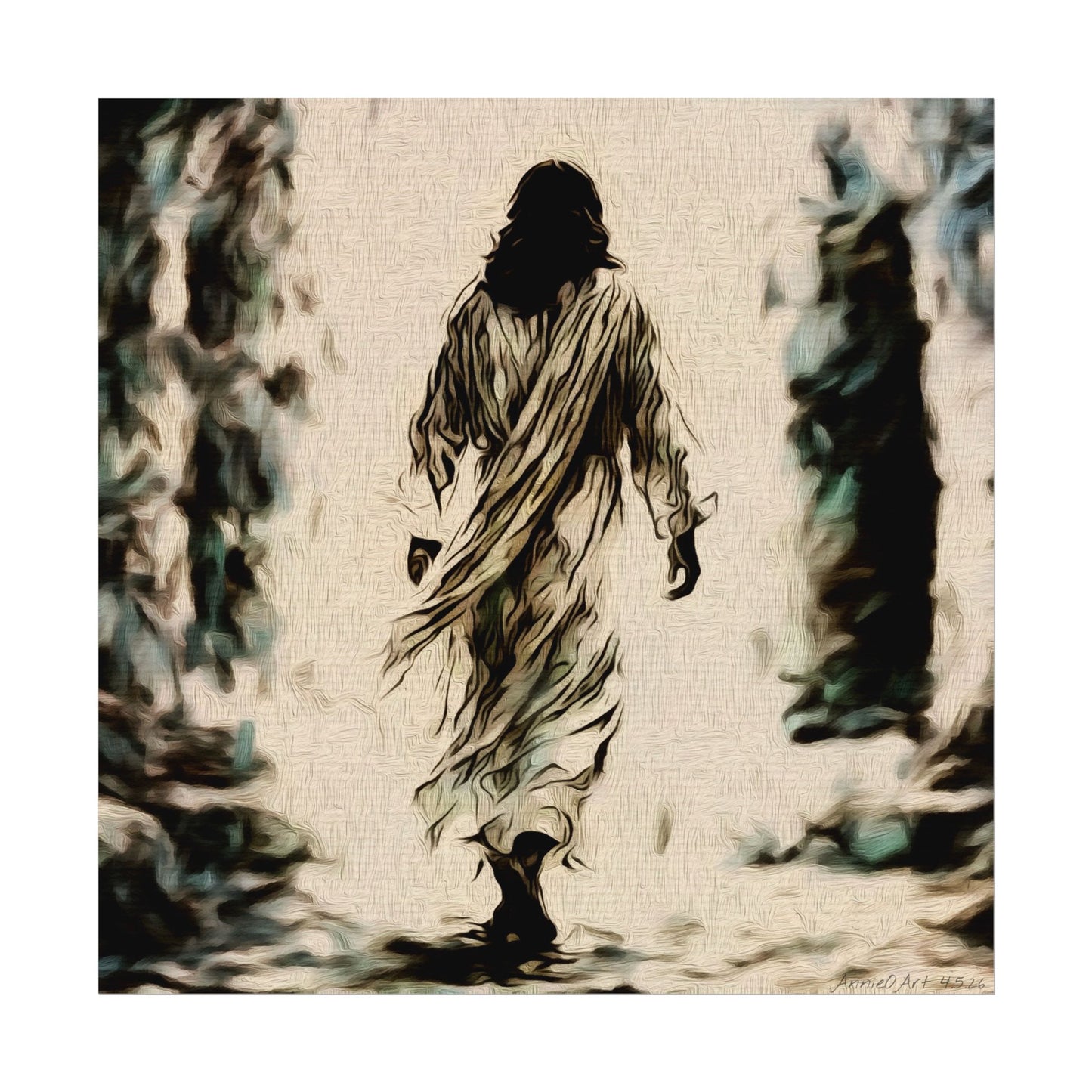 Jesus Walking Watercolor Poster – Textured Matte Religious Wall Art