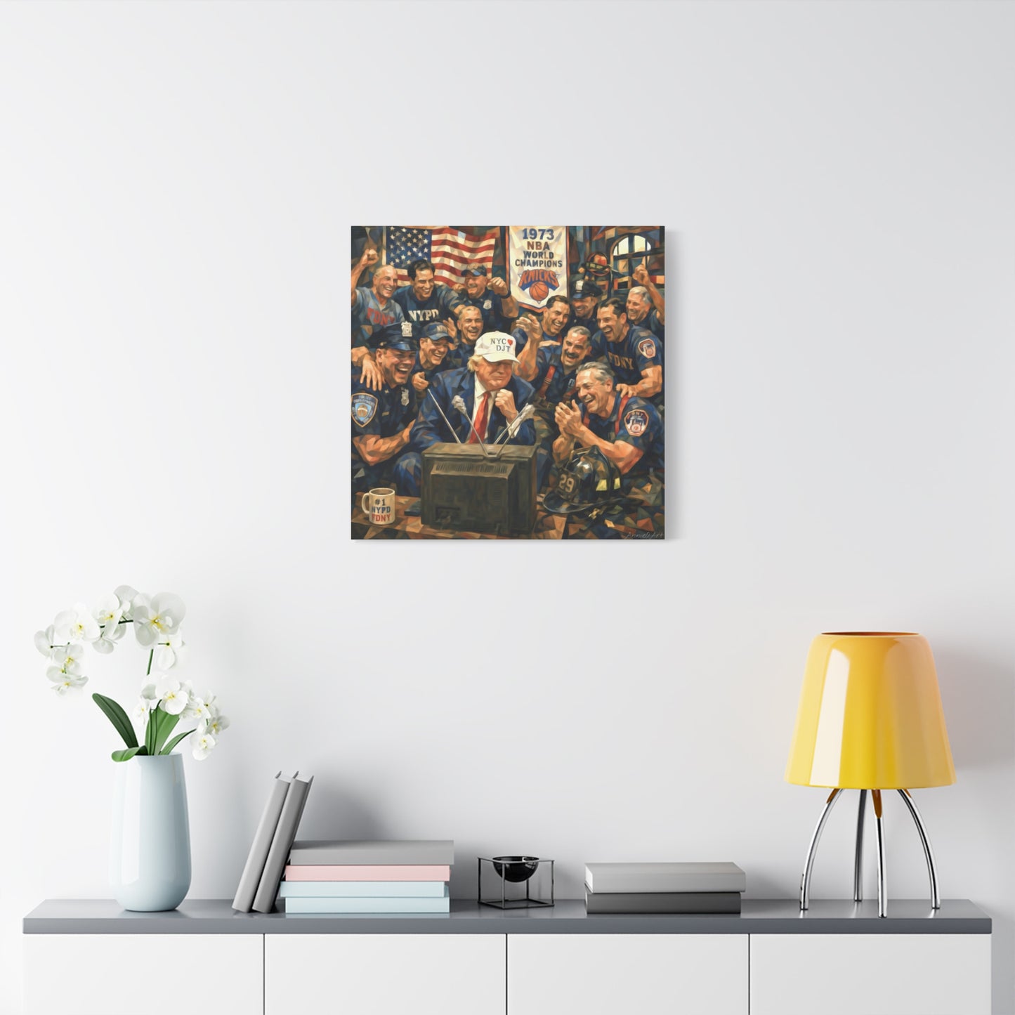 Trump Patriotic NYC Firefighters  Matte Stretched Canvas — Vintage NYPD Tribute Wall Art