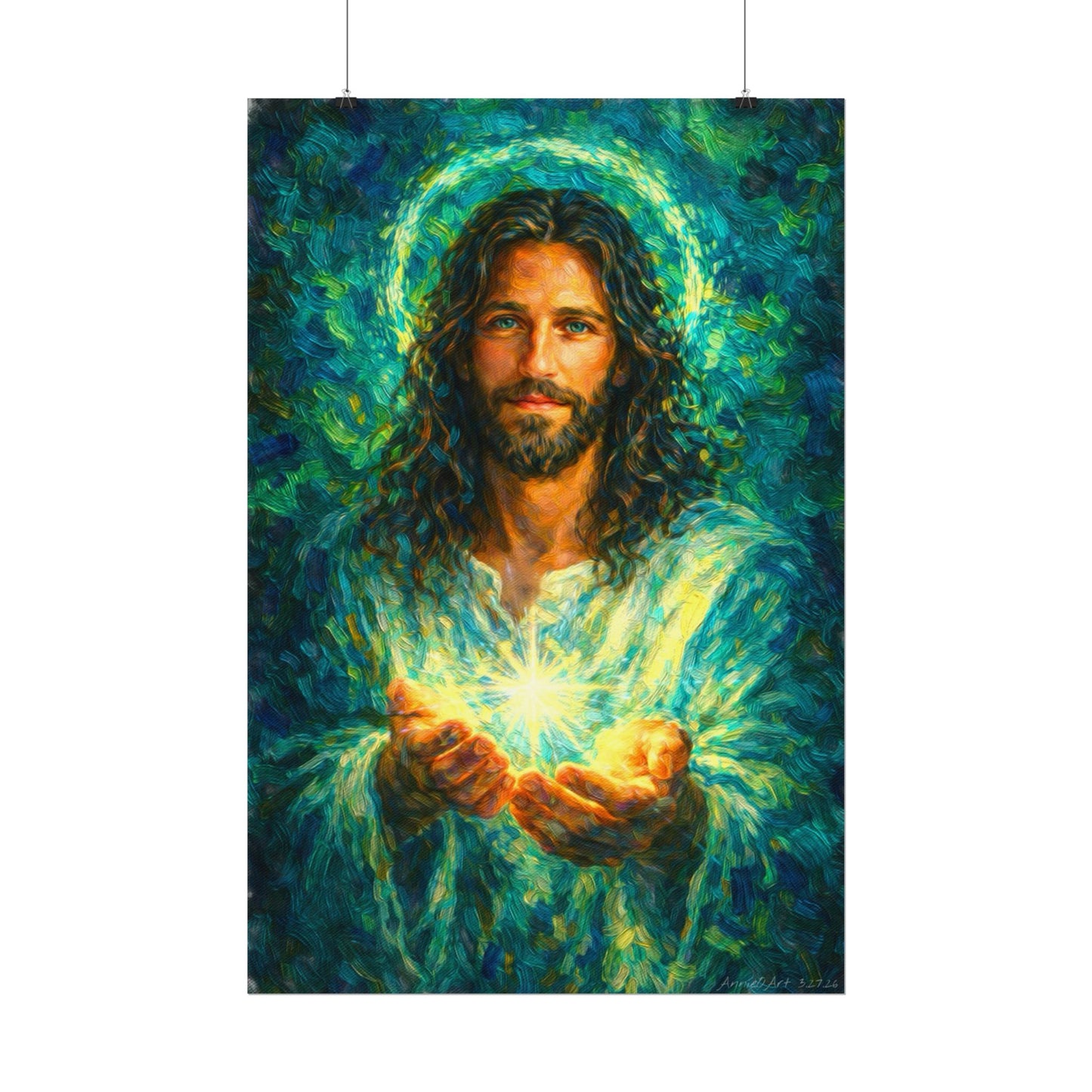 Jesus Holding Light —Oil Poster — Textured Matte Spiritual Wall Art