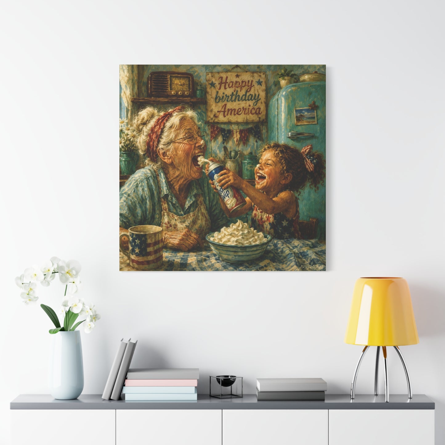 Happy Birthday America Canvas — Patriotic Grandma & Granddaughter Kitchen Wall Art
