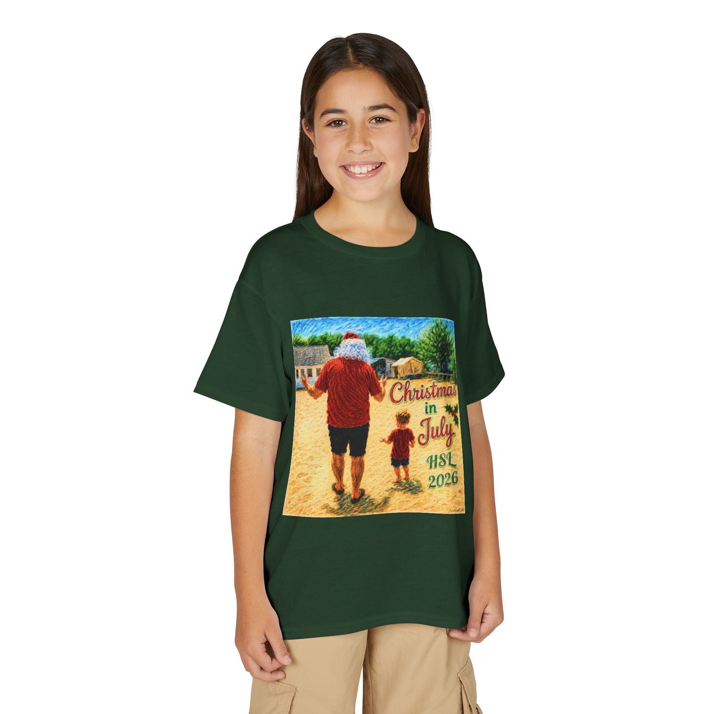 Youth T-Shirt — "Christmas in July" Beach Santa Kids Tee (HSL 2026)