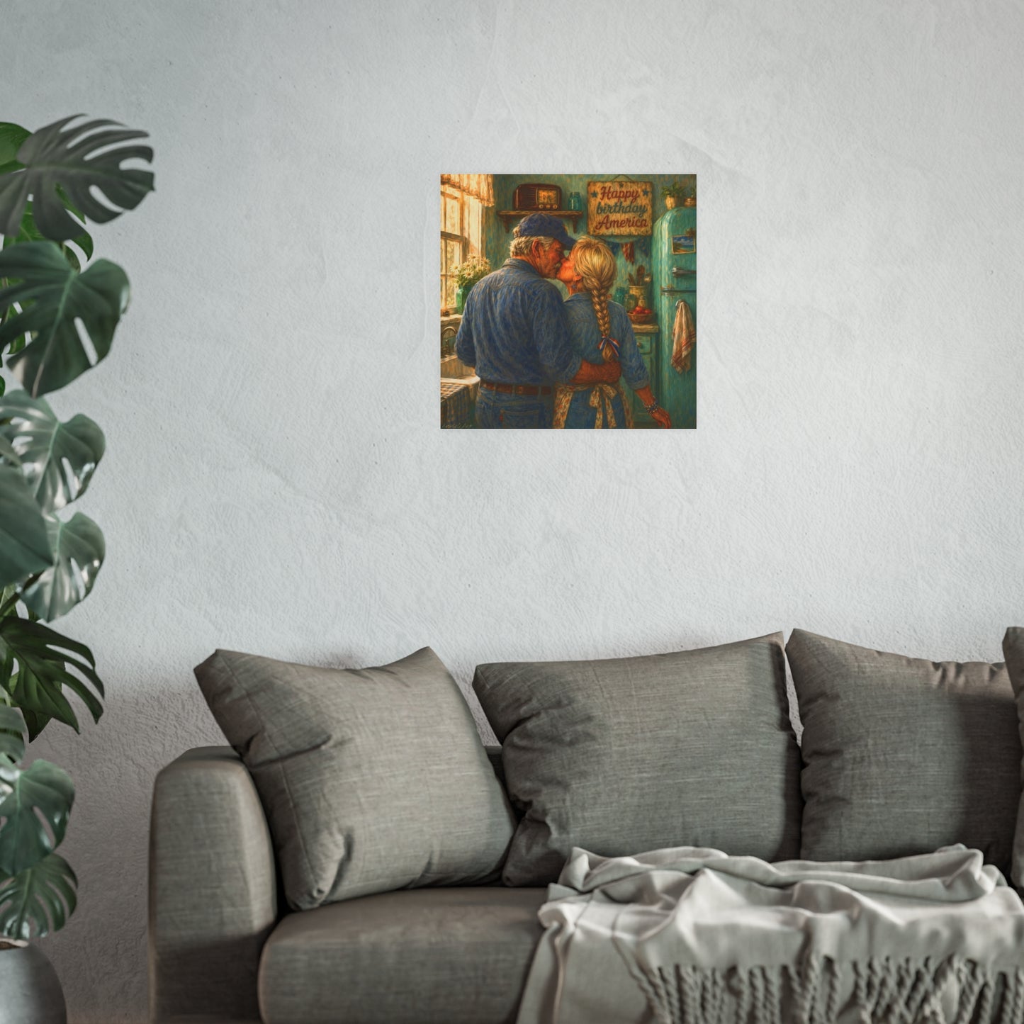Romantic Country Kitchen Poster — Vintage Couple Kissing Satin/Matte Art Print