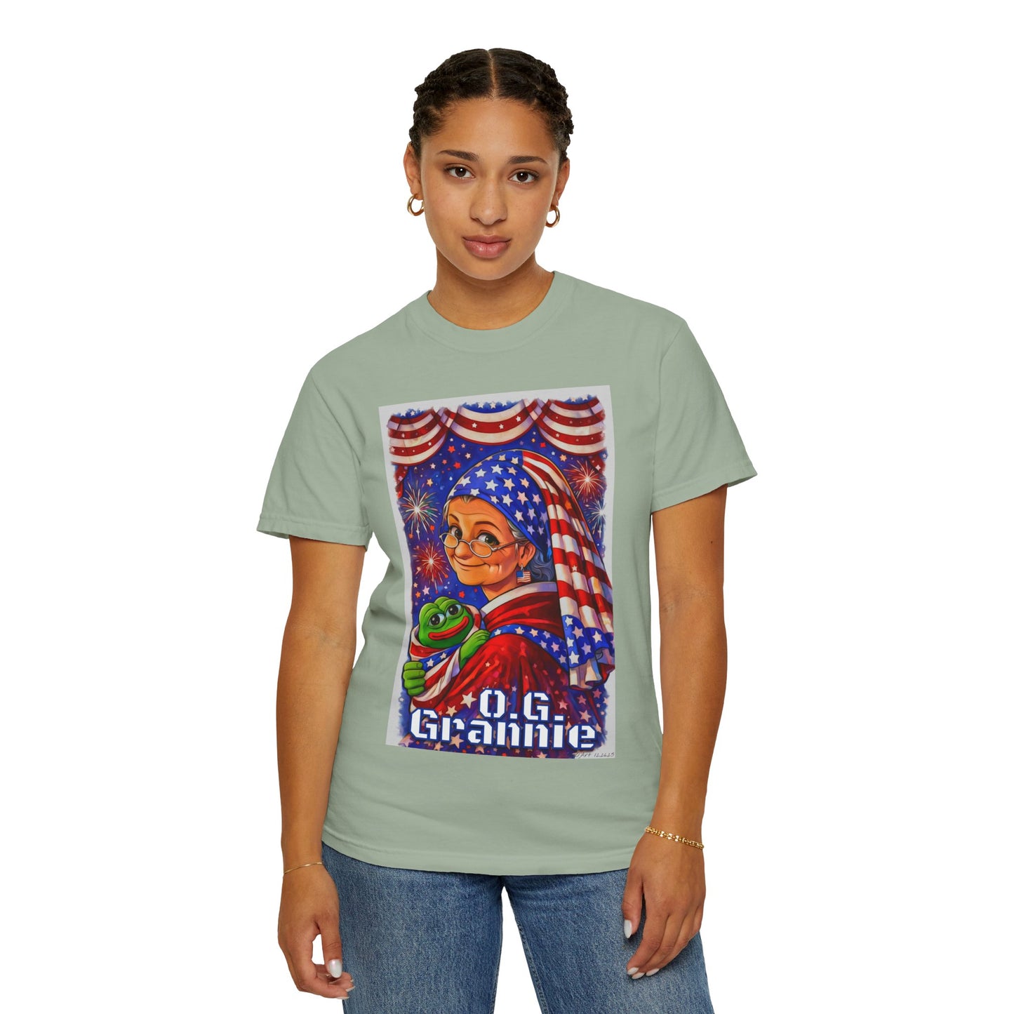 Grandmas Patriotic Original Gansta “OG Grannie” T-Shirt — American Flag Grandma w baby Pepe Graphic Tee