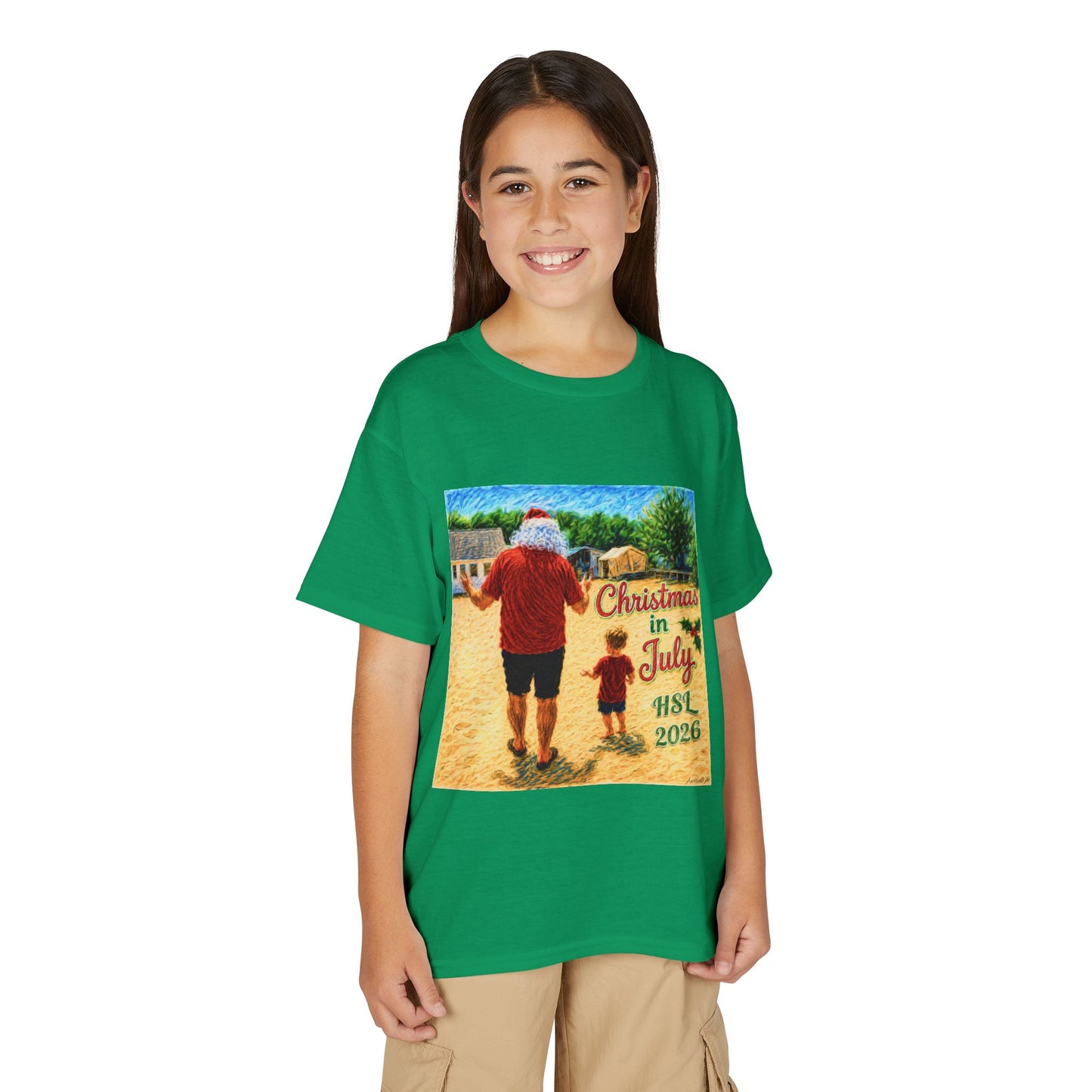 Youth T-Shirt — "Christmas in July" Beach Santa Kids Tee (HSL 2026)