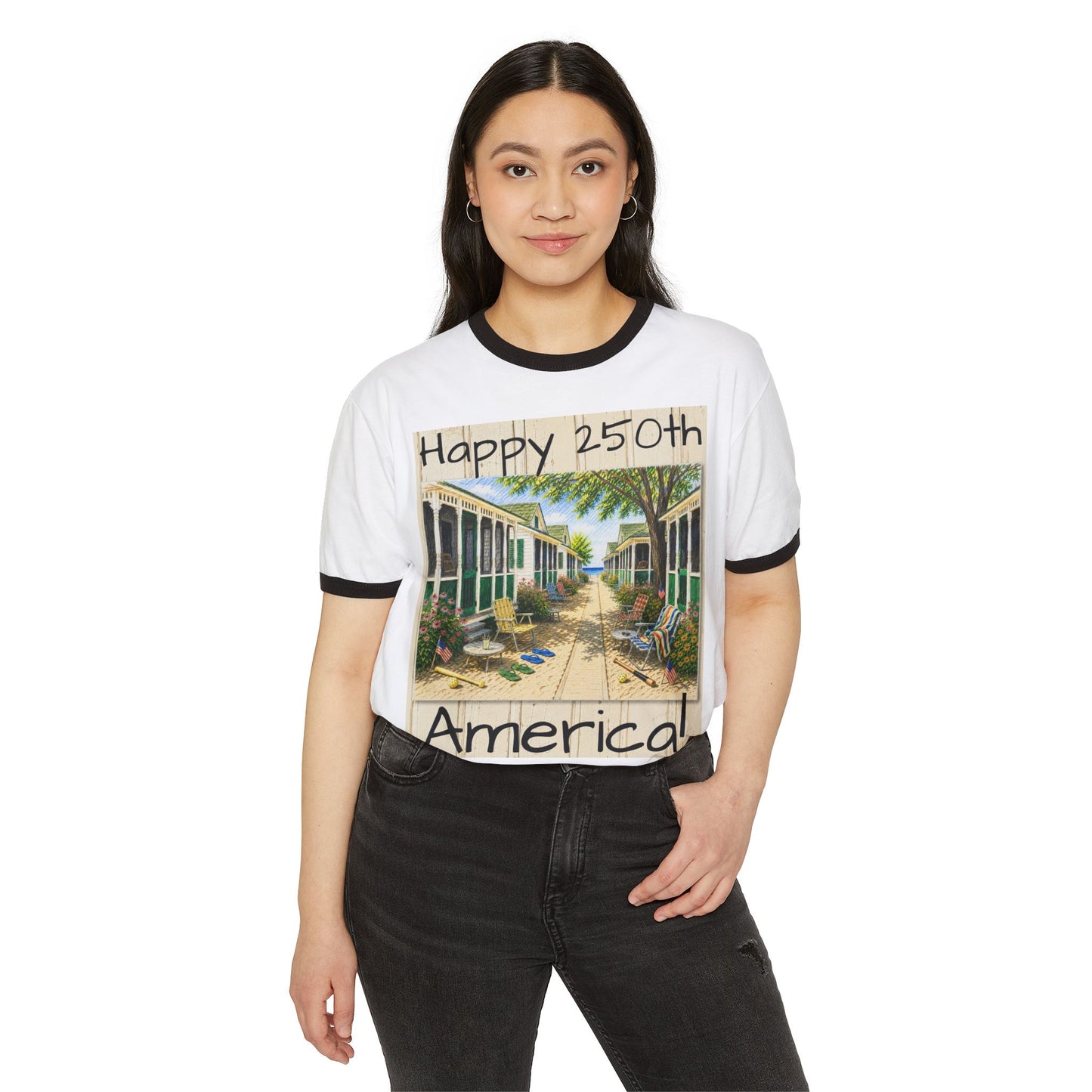 Happy 250th America Ringer T‑Shirt — Honeysuckle Lodge Vintage Beach Graphic