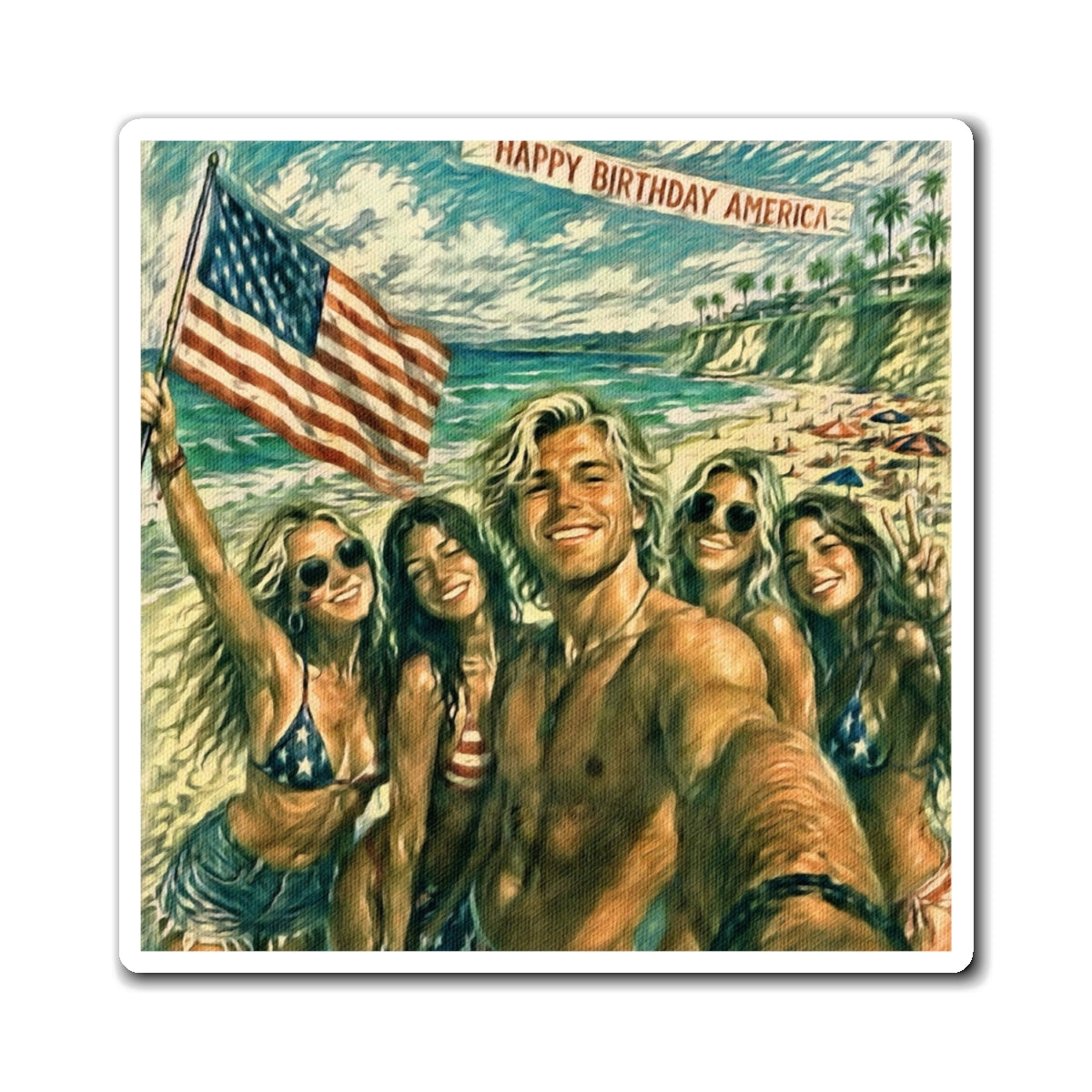 Patriotic Beach Selfie Magnet – "Happy Birthday America" 4th of July Decor