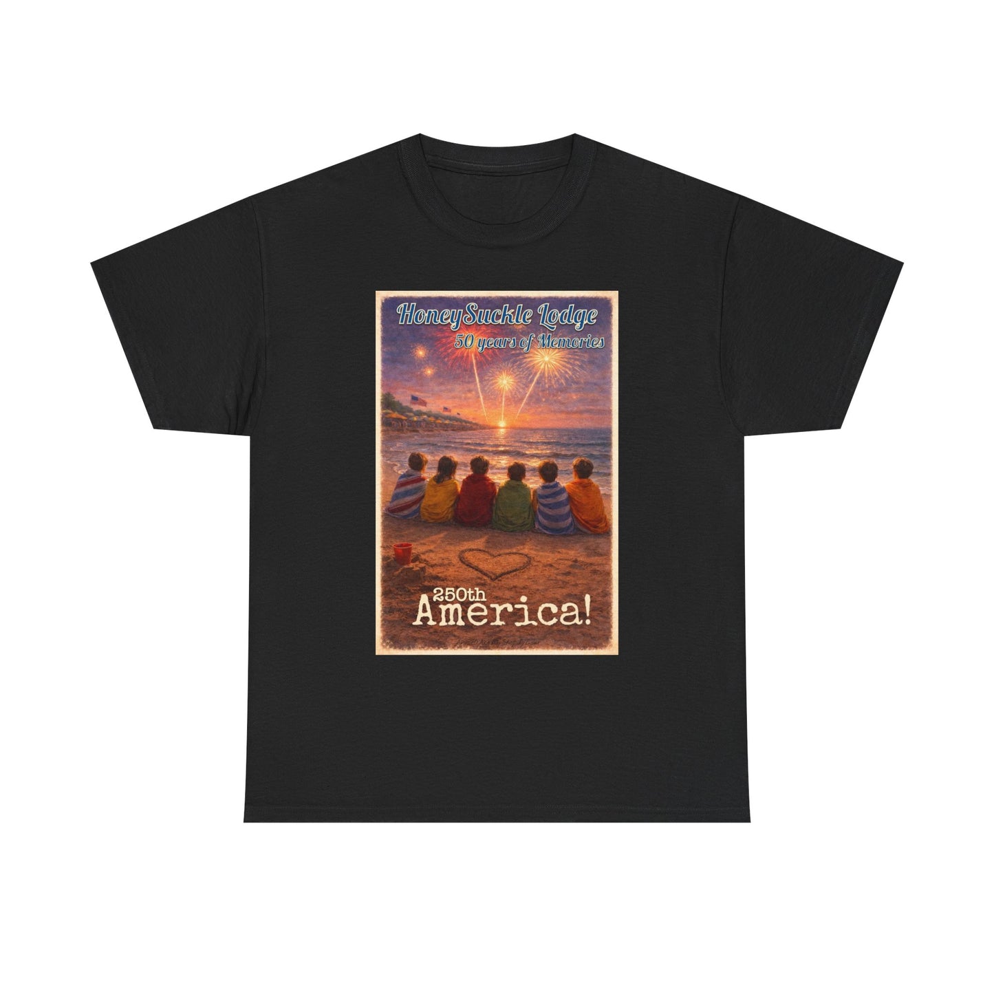 HoneySuckle Lodge 50th—Patriotic Sunset Beach T‑Shirt – 'God Bless America' Vintage Kids Watching Fireworks