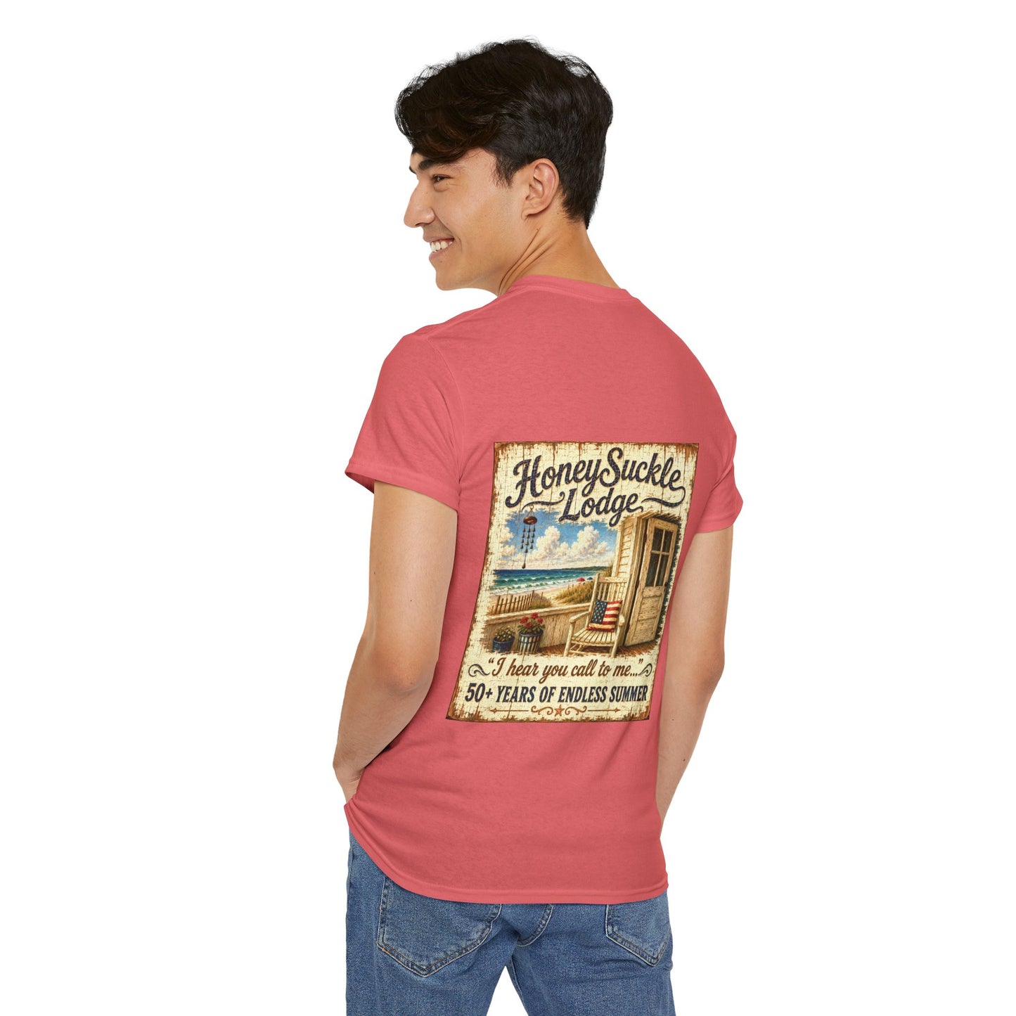 Vintage Beach T‑Shirt — 'Honeysuckle Lodge: 50+ Years of Endless Summer' Retro Seaside Tee