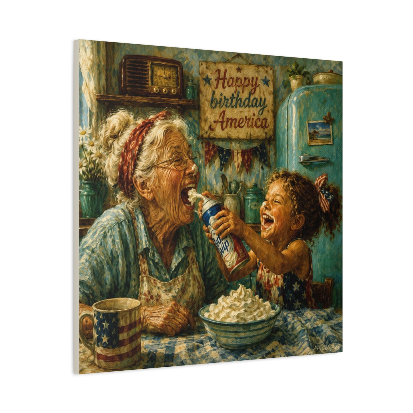 Happy Birthday America Canvas — Patriotic Grandma & Granddaughter Kitchen Wall Art