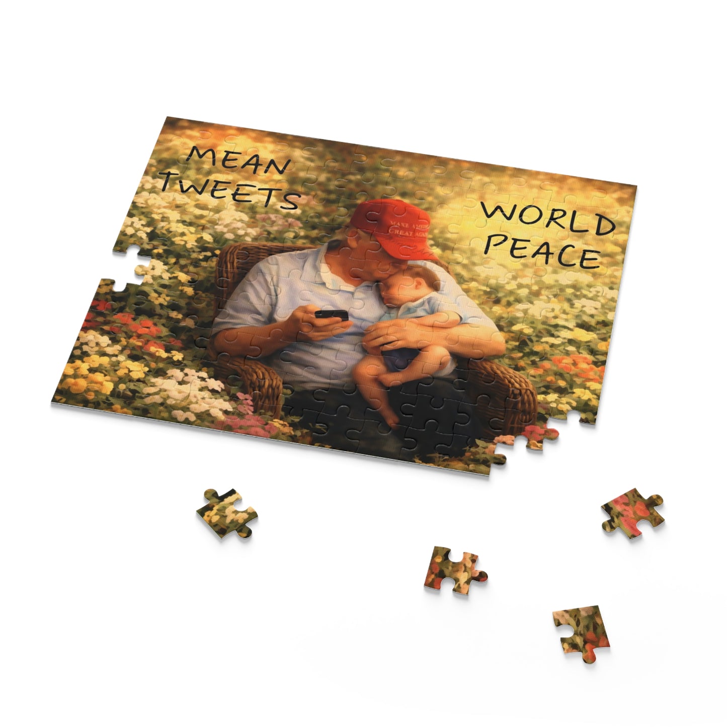 Trump Puzzle — 'Mean Tweets, World Peace' Grandpa & Baby 120/252/500-Piece Jigsaw