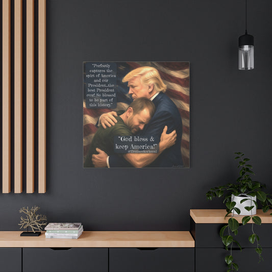 Trump Embrace Patriotic Canvas Wall Art — "God Bless & Keep America"