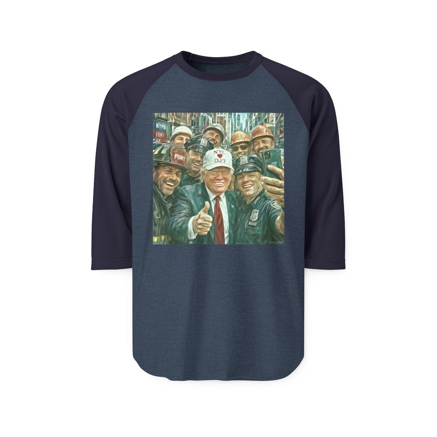 Trump “NYC❤️DJT” Raglan Shirt with Vintage Blue-Collar Selfie Graphic