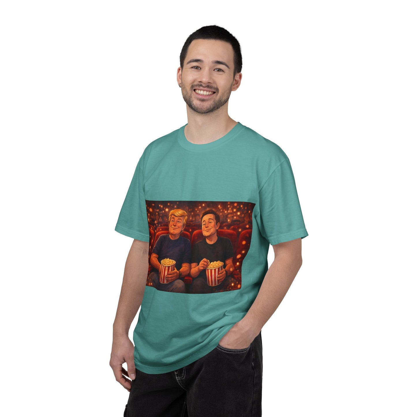 Trump & Elon—Movie Night Popcorn Tee — Cozy Cinematic Graphic T-Shirt